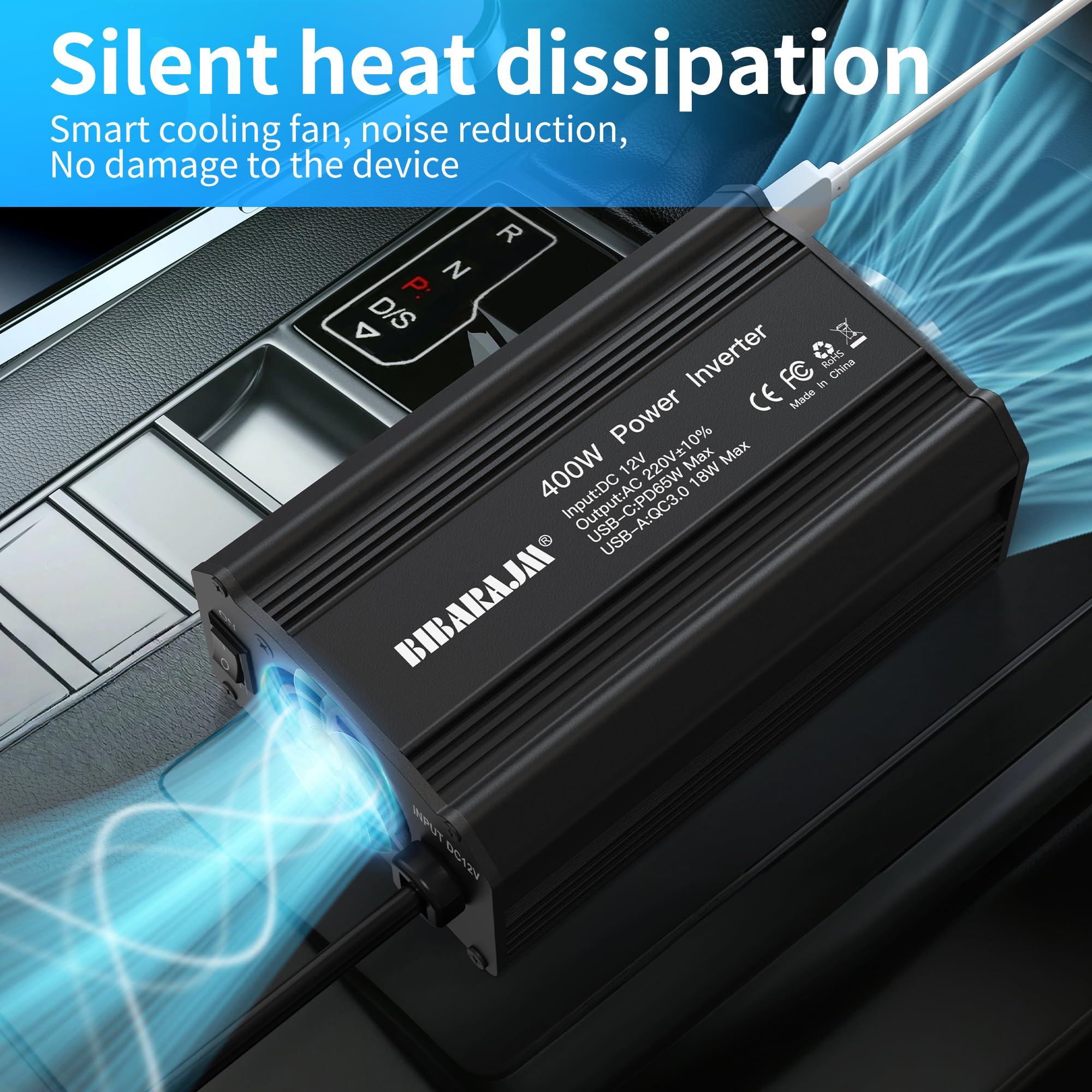 400W Auto Spannungswandler DC 12V auf AC 230V mit 2 Steckdosen und PD65W USB-C, USB-Ports, Schnellladegerät, Autoladegerät mit Zigarettenanzünderstecker für Geschäftsfahrten und Ferien