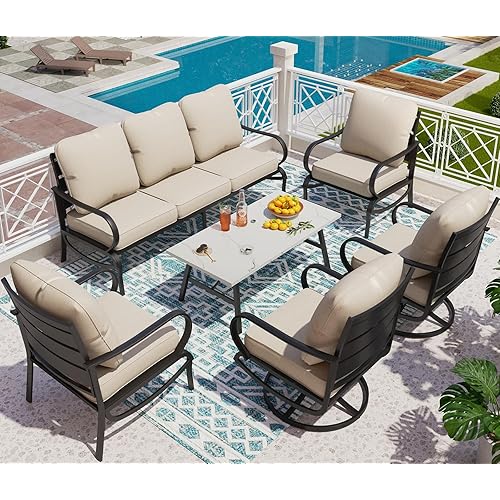 PHI VILLA 6 Piece Patio Furniture Sets with 1 x 3 Seater Padded Deep Seating Bench, 2 x Swivel Cushioned Sofa Chairs, 2 x Leg Sofa Chairs and 1 x Coffee Table, Outdoor Metal Furniture Set for 7