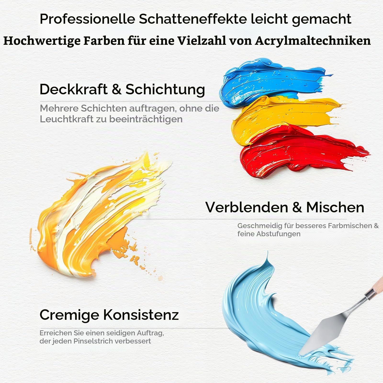 Acrylfarben Set, 24 Farben x 60 ml + 12 Pinsel, Acrylic Paint Set, Künstlerbedarf für Leinwand, Holz, Keramik, Stoffe, ungiftige Reiche Pigmente Acrylfarbe für Anfänger, Studenten, Profis, Künstler