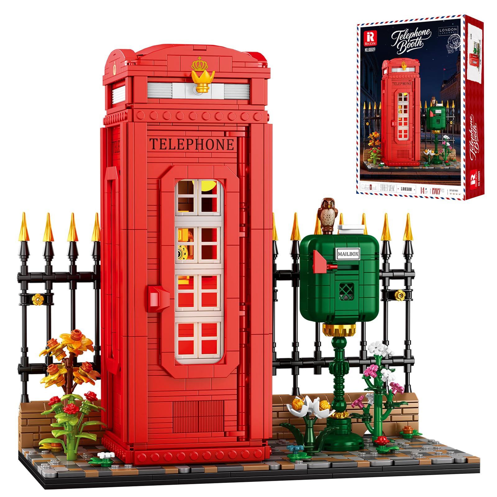 Reobrix Telefonzelle Baustein Set für Erwachsene mit LED Beleuchtung, 66609 Londoner Wahrzeichen Rote Telefonzelle im Vintage Stil, Retro Britische Telefonzelle Bausatz Bauspielzeug（1707 Teile）