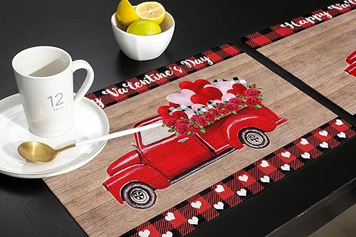 Miniatura 5 de Hostline - Juego de 6 manteles individuales para el día de San Valentín para mesa de comedor, camión rojo sobre tablero de madera rojo y negro con