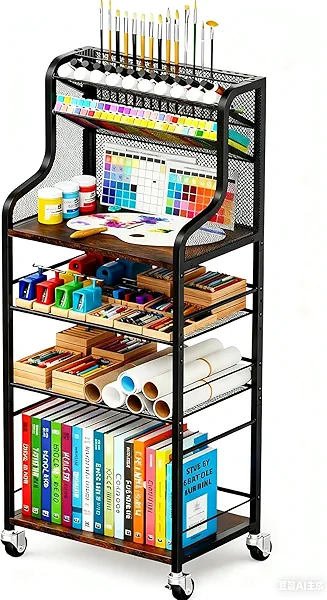 PAPAGIFTREE 4 Tier Rolling Utility Cart with 360° Lockable Wheels, Art Supply Storage Organizer for Art Studio, Metal Paint Craft Cart for Paint, for Home and Office