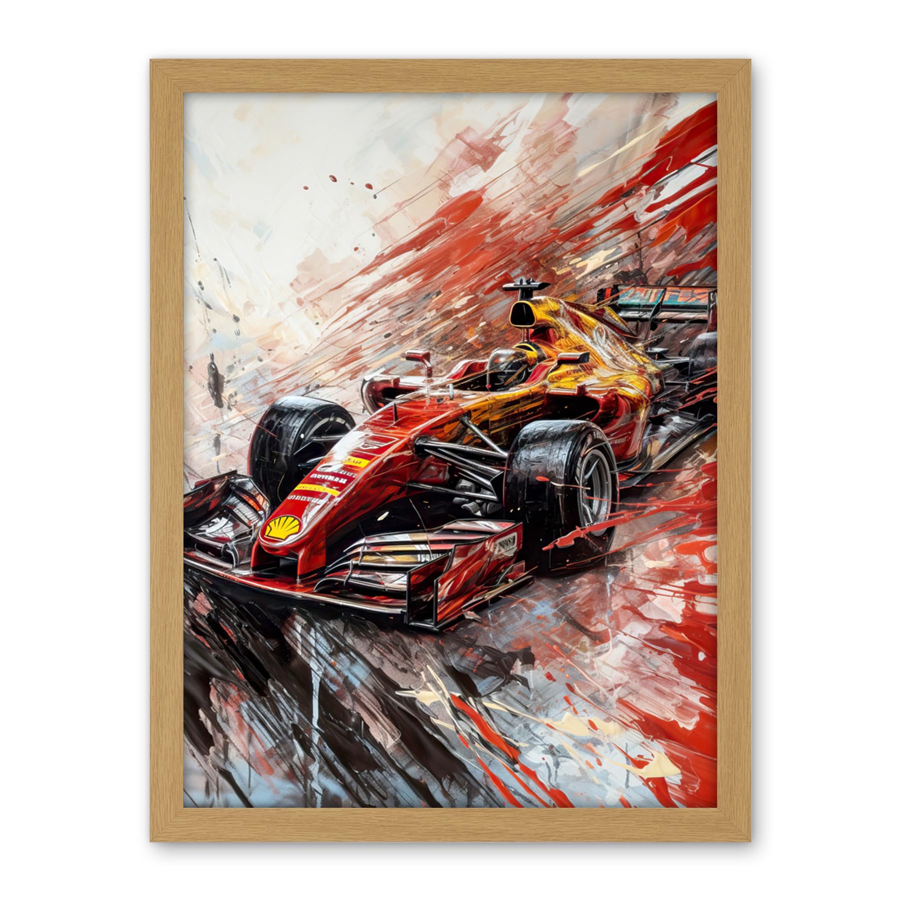 Artery8 Grand Prix Red Race Car Action Shot Paint Splat Artwork Framed Wall Art Print 18X24 Inch