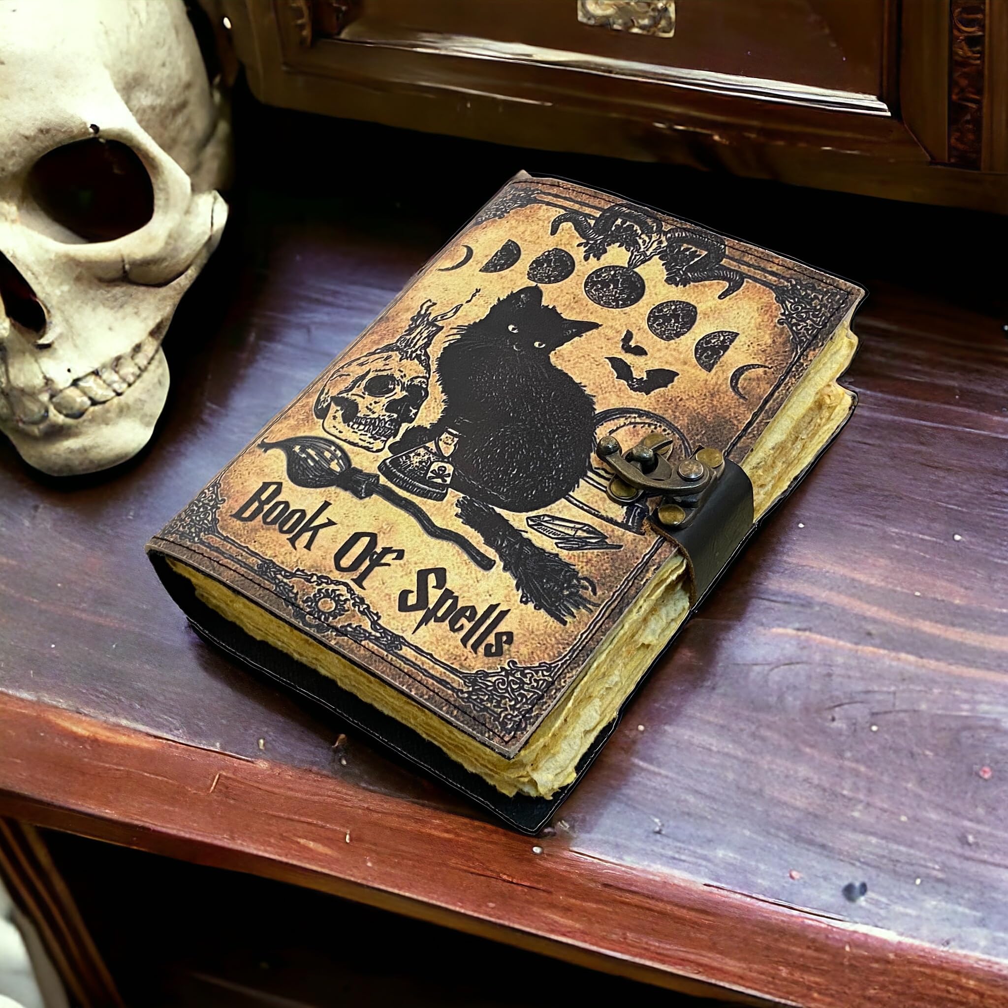 Blanko-Buch der Schatten Grimoire Tagebuch Magische Katze gedruckt Hexerei Supplies Hexe Wicca Notizbuch Handgemachtes Vintage Büttenpapier Leder Skizzenbuch, tolle Geschenke 17,8 x