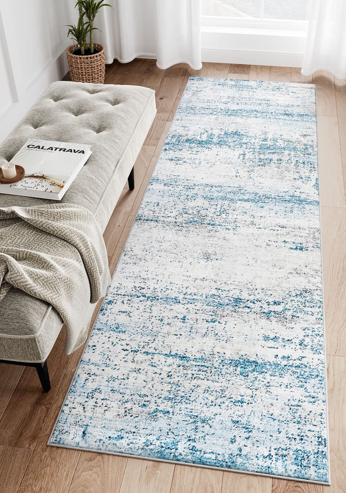 Dripex Modern Abstract Indoor Runner Rug, 2x6 Washable Laundry Room Hallway Area Rug Bedroom Carpet Runner, Soft Fluffy Non-Skid Rug Runner Coastal Blue Floor Mats for Living Room Kitchen Entryway