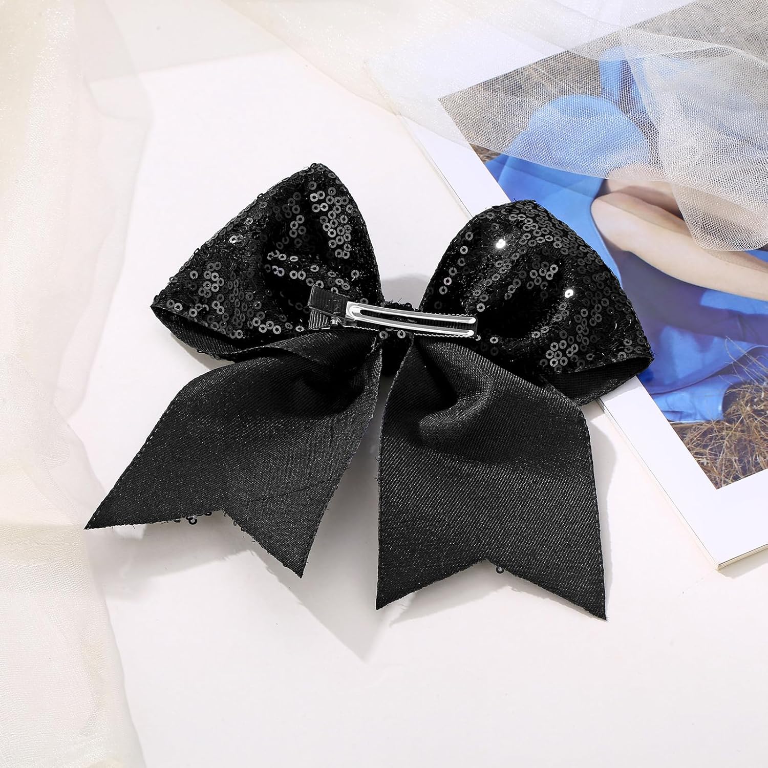 Large Glitter Cheer Bows Clips, Jumbo Big 7 Inch Cheerleading Sequin Hair Bow Hair Accessories for Teens Girls Football Sports Cheerleader Outfit Uniform (Black) - Image 5