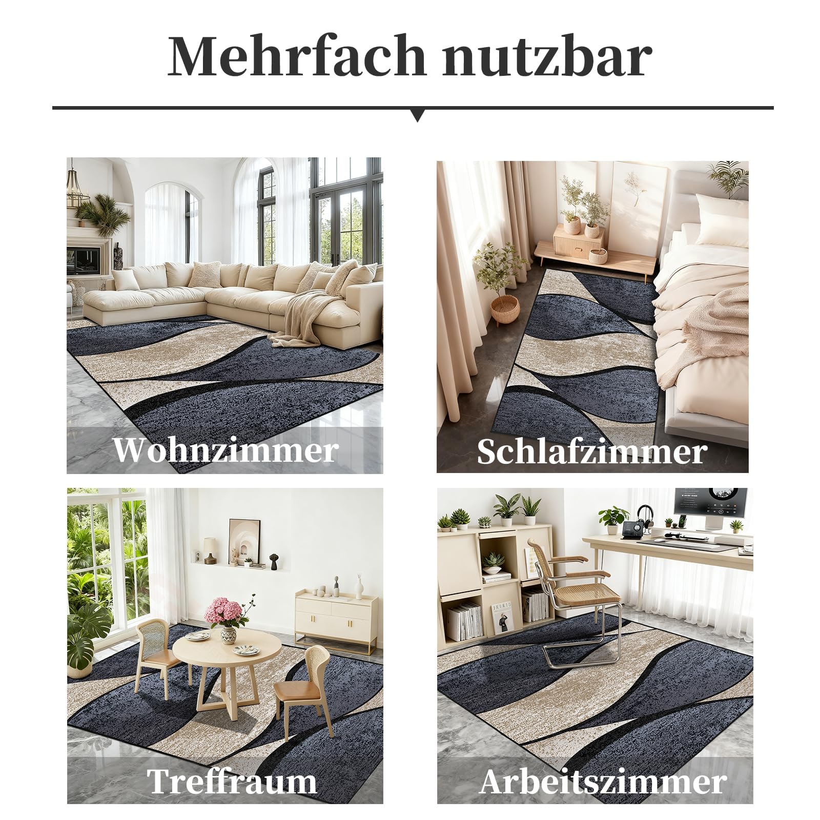 Teppich 160x230 cm, Waschbar, rutschfest, Kurzflor Wohnzimmer Teppich im Modernen Wellenmuster, Pflegeleichter Teppich für Schlafzimmer, Esszimmer, Küche und Büro