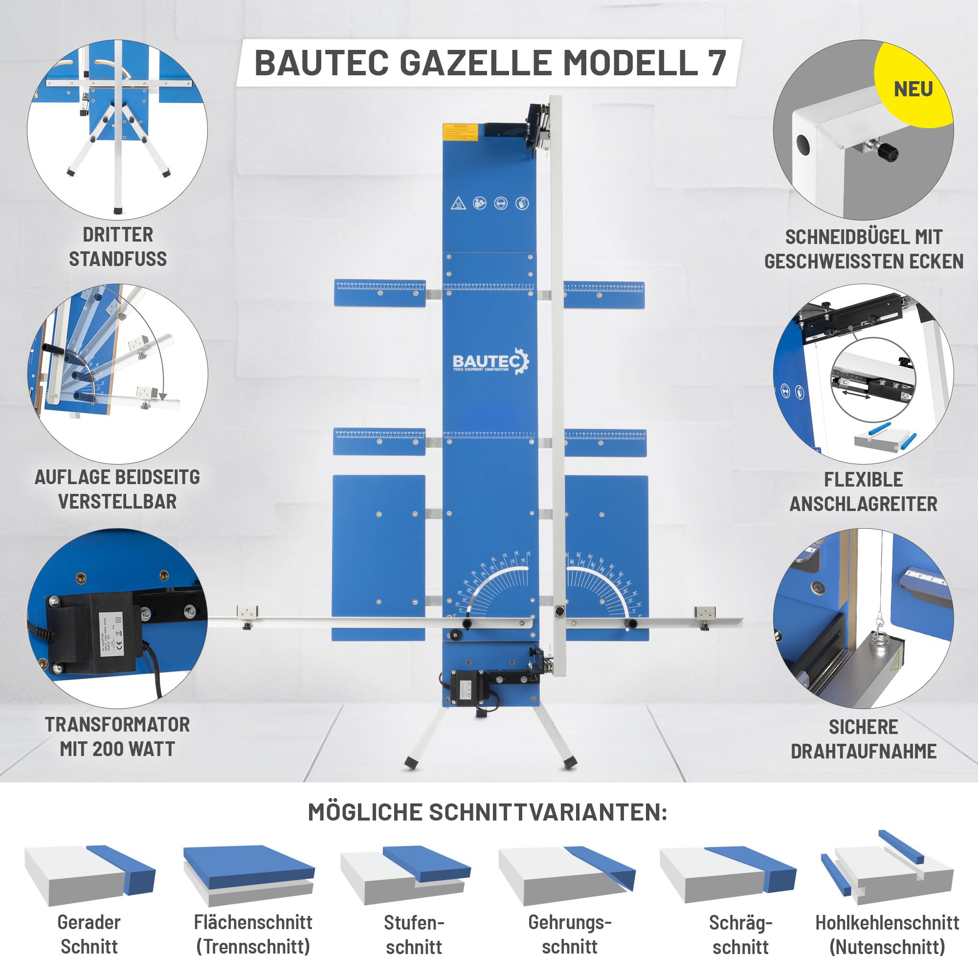 BAUTEC GAZELLE 7" Butterfly + STYROCUTTER 250 W (fonctionnement continu) » Kit professionnel avec 10 fils de coupe, Support d'échafaudage, Interrupteur au pied, râpe abrasive, 5 lames