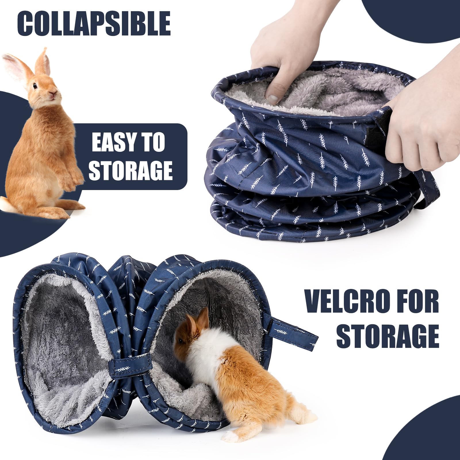 ONEJU Rabbit Tunnel - Guinea Pig Tunnel, Guinea Pig Tube, 2-Way Small Pet Play Tube, Folds Flat for Storage, Tunnel for Guinea Pig and Bunny, Dark Blue, Leaf Pattern - Image 4