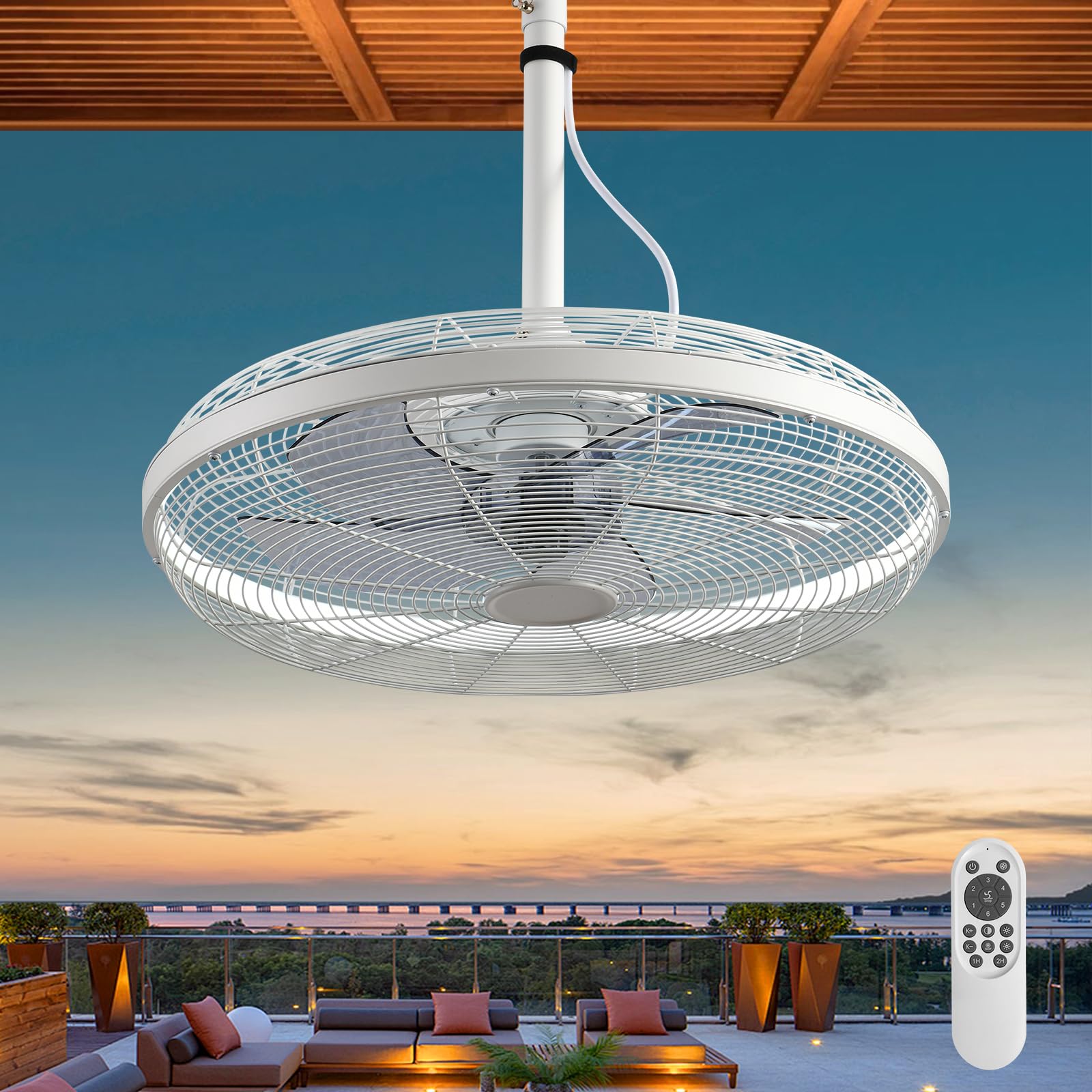 outdoor ceiling fans with lights, 20'' gazebo fan, plug in ceiling fan for patios, pergola, ceiling fan with remote control, hanging with hook,white