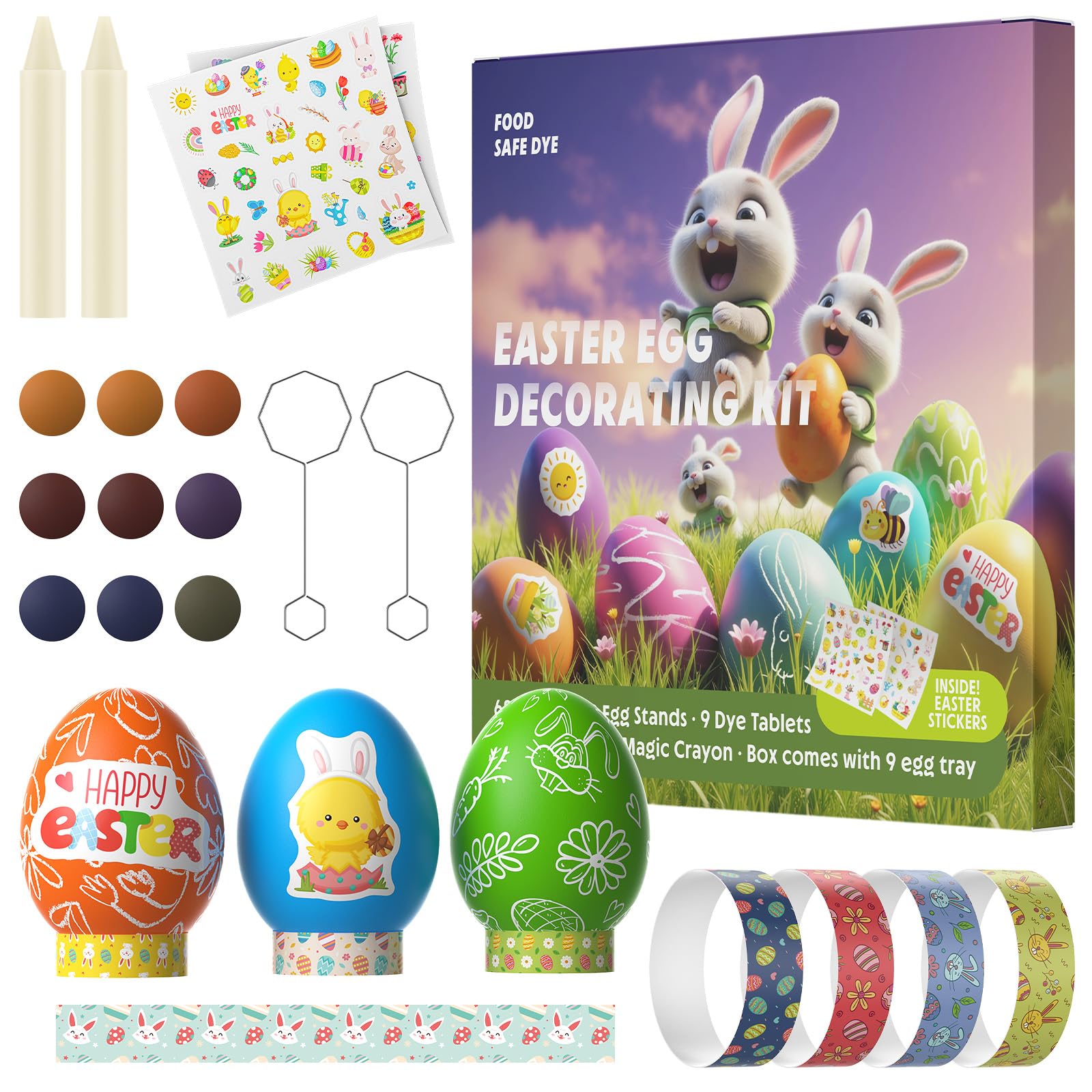 Easter Egg Decorating Kit with Food Coloring Dye Tablets, 68 Stickers, Magic Crayons & Egg Stands | DIY Easter Crafts Non-Toxic Edible Dye for Easter Party Supplies