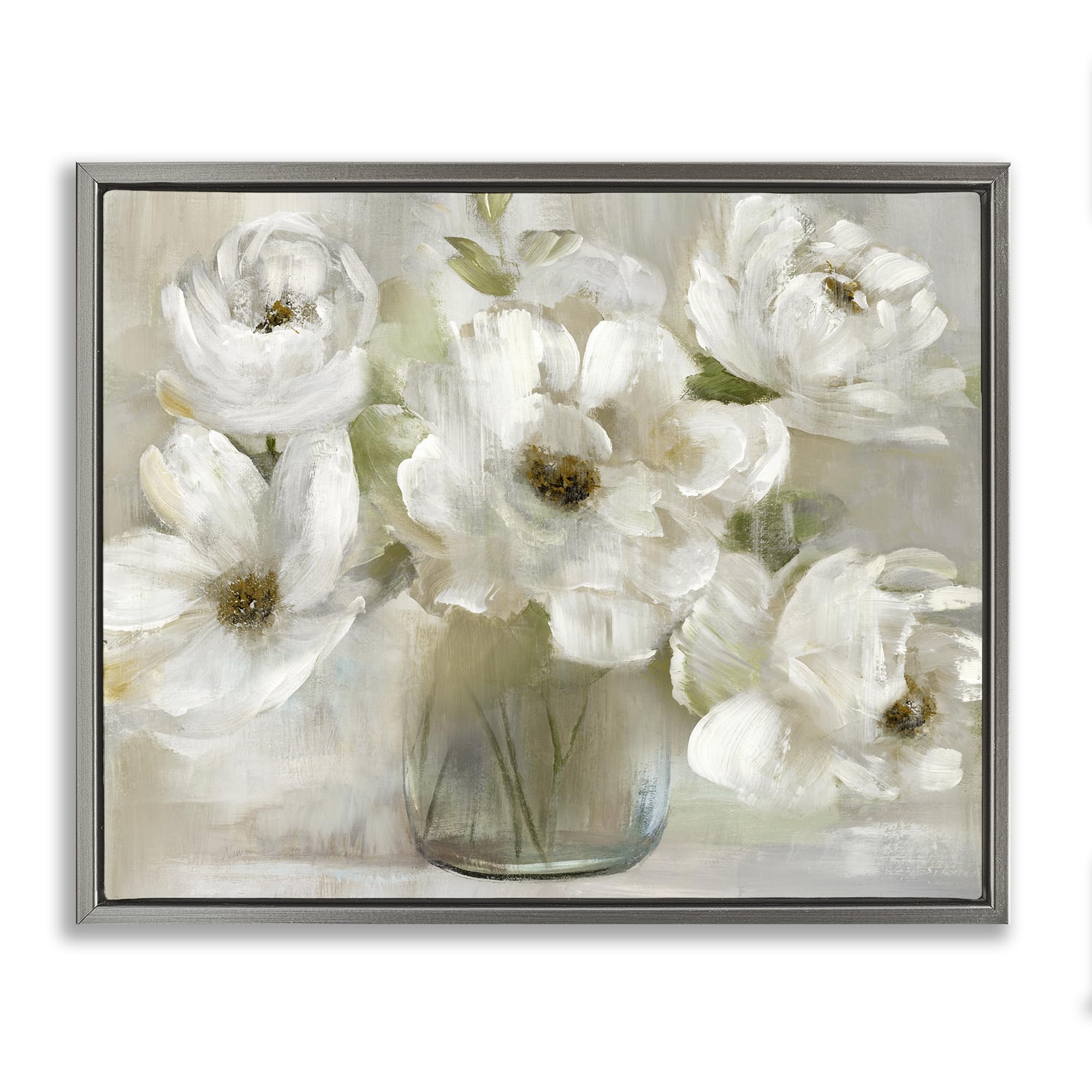 'Gentle White Petals in Vase'| Floating Frame Canvas Art