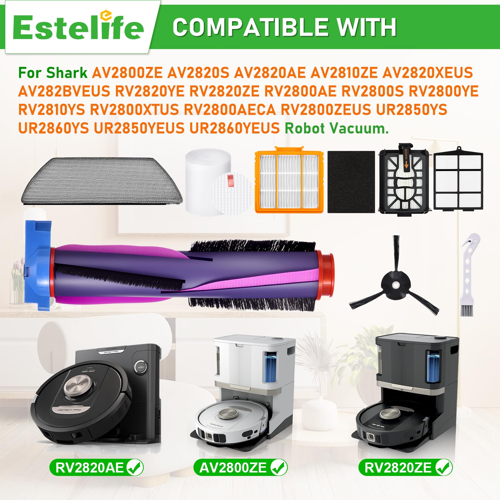 Replacement Parts for Shark RV2820AE Power Detect/Detect Pro AV2800ZE RV2820YE RV2820ZE AV2820S AV2820AE RV2800AE RV2800S Robot Vacuum Cleaner, Roller Side/Brush, HEPA/Foam Filters, Mop Pads kit