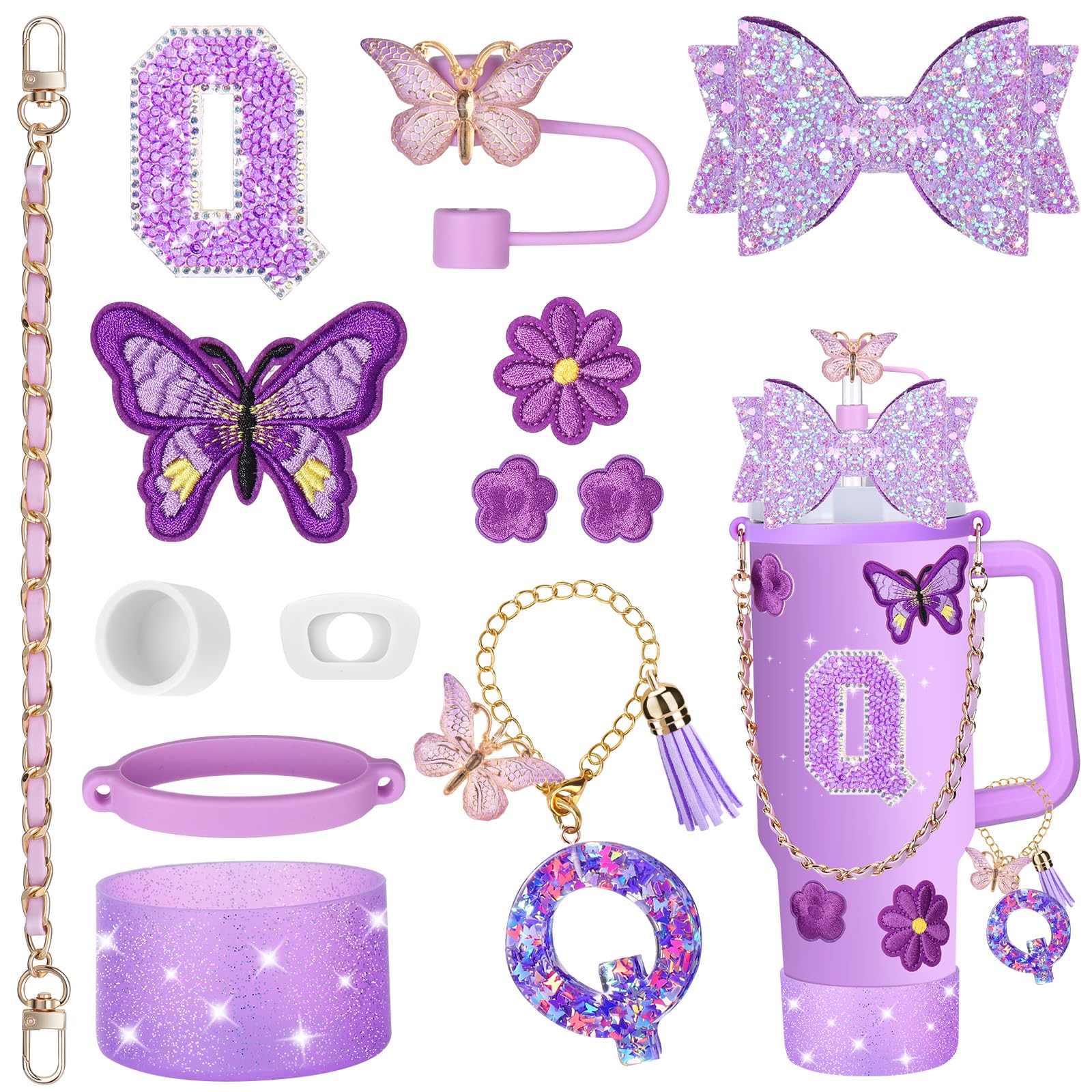 14PCS Purple Cup Accessories for Stanley Cup 30oz 40oz Tumbler with Handle | Includes Strap,Straw Bow Decorate,Straw Cover,Boot,Spill Proof Stoppers,Handle Charms,Letter Sticker(Initials Q)