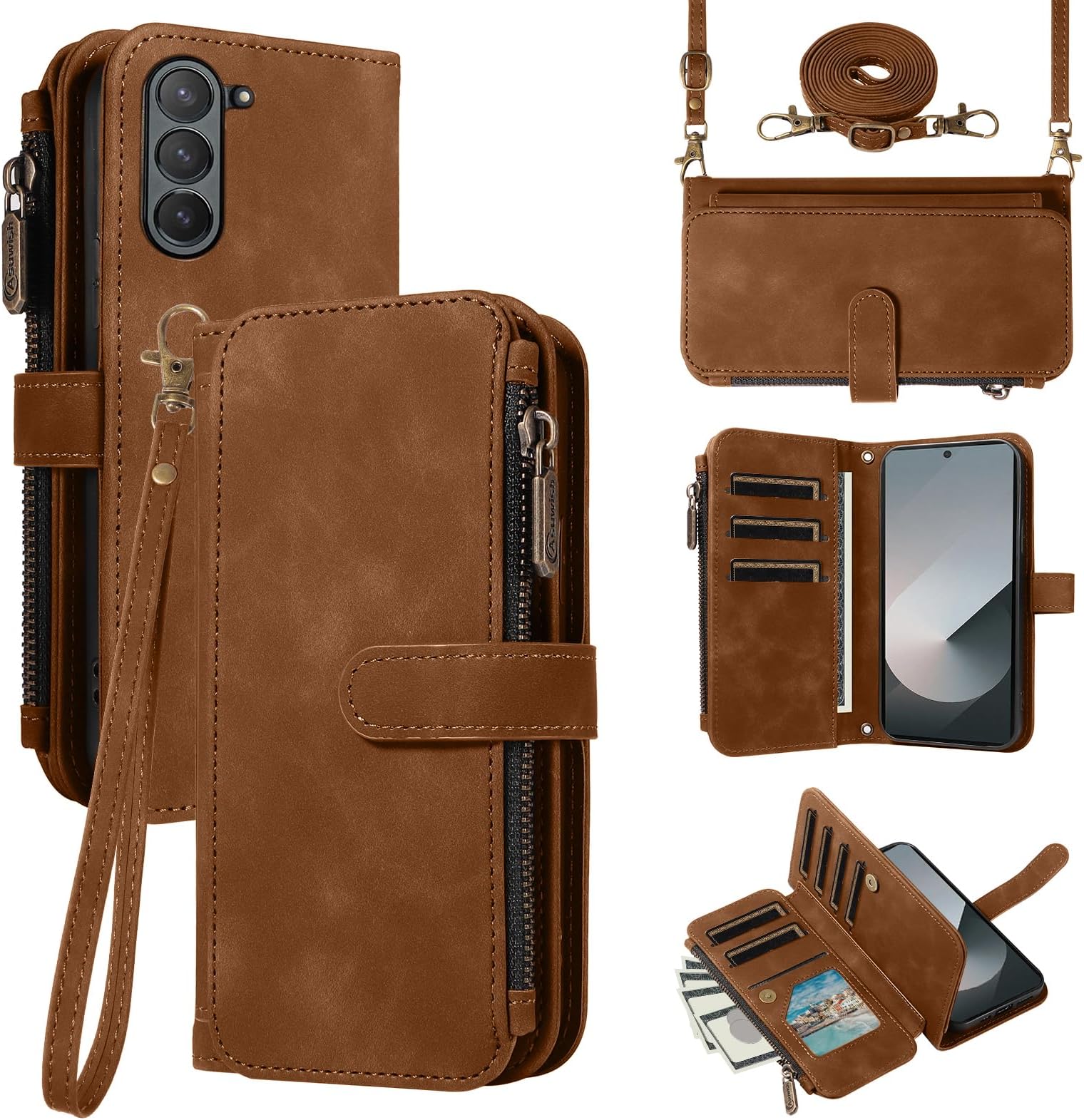 – Phone Case for Samsung Galaxy Z Fold 6 5G 2024 Zipper Wallet Cell Cover with Crossbody Wrist Strap Flip Credit Card Holder Slot Accessories Lanyard Folio ZFold6 Z6 G Fold6 6Z Women Men Brown