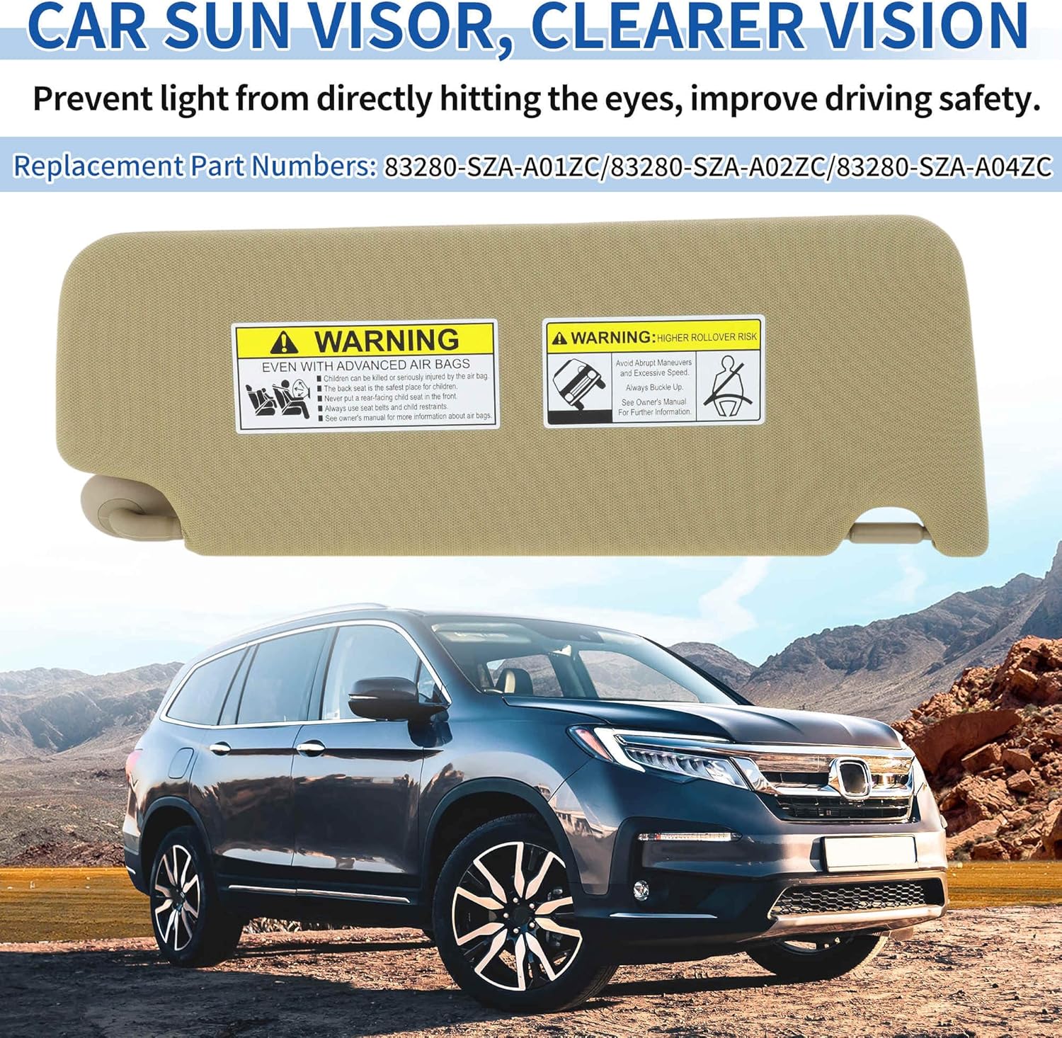 Left Driver Side Sun Visor Fit for Honda Pilot 2009-2015 Car Sun Visor Assembly W/Vanity Light & Mirror Replaces No.83280-SZA-A01ZC Beige