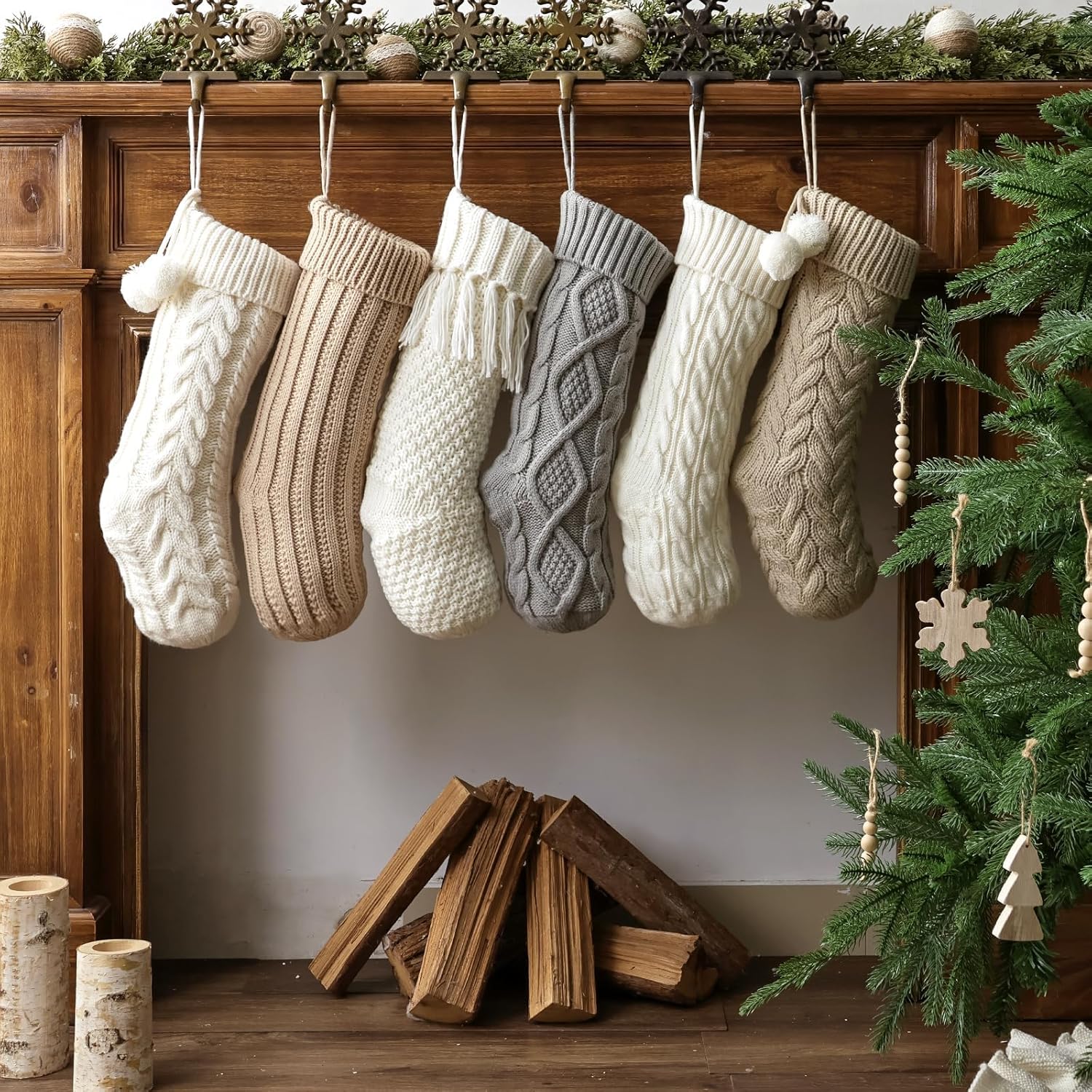 Rustic Knitted Personalized Christmas Stockings: 6 Pack 18 inch Cable Knit Patterns Stockings, Farmhouse Cozy Hanging Xmas Stockings Stocking Decorations for Family Holiday Decor, White Gray Beige - Image 5