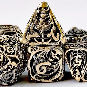 Copper Hollow Polyhedral DND 7pcs Dungeons and Dragons Metal dice with 3D Skull Feature, Hollowed Metal Dice Ancient Gold