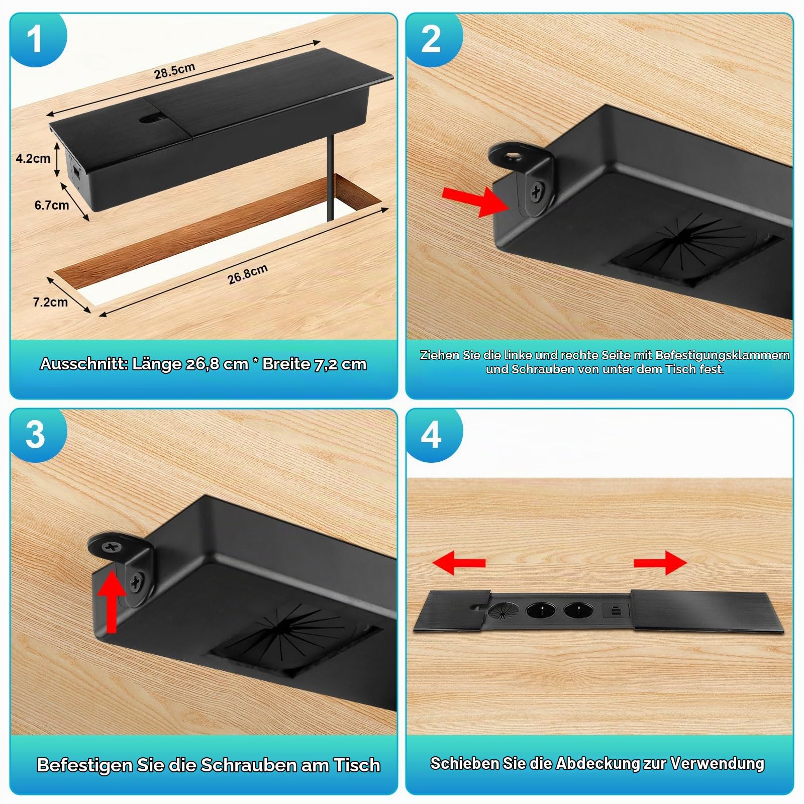 Einbau Steckdosenleiste Versenkbare Einbausteckdose 2 Fach mit USB C | Schiebedeckel, Tischsteckdose Tischplatte Versenkte Steckdose, für Schreibtisch Küche Büro Sofatisch Konferenztisch, Schwarz
