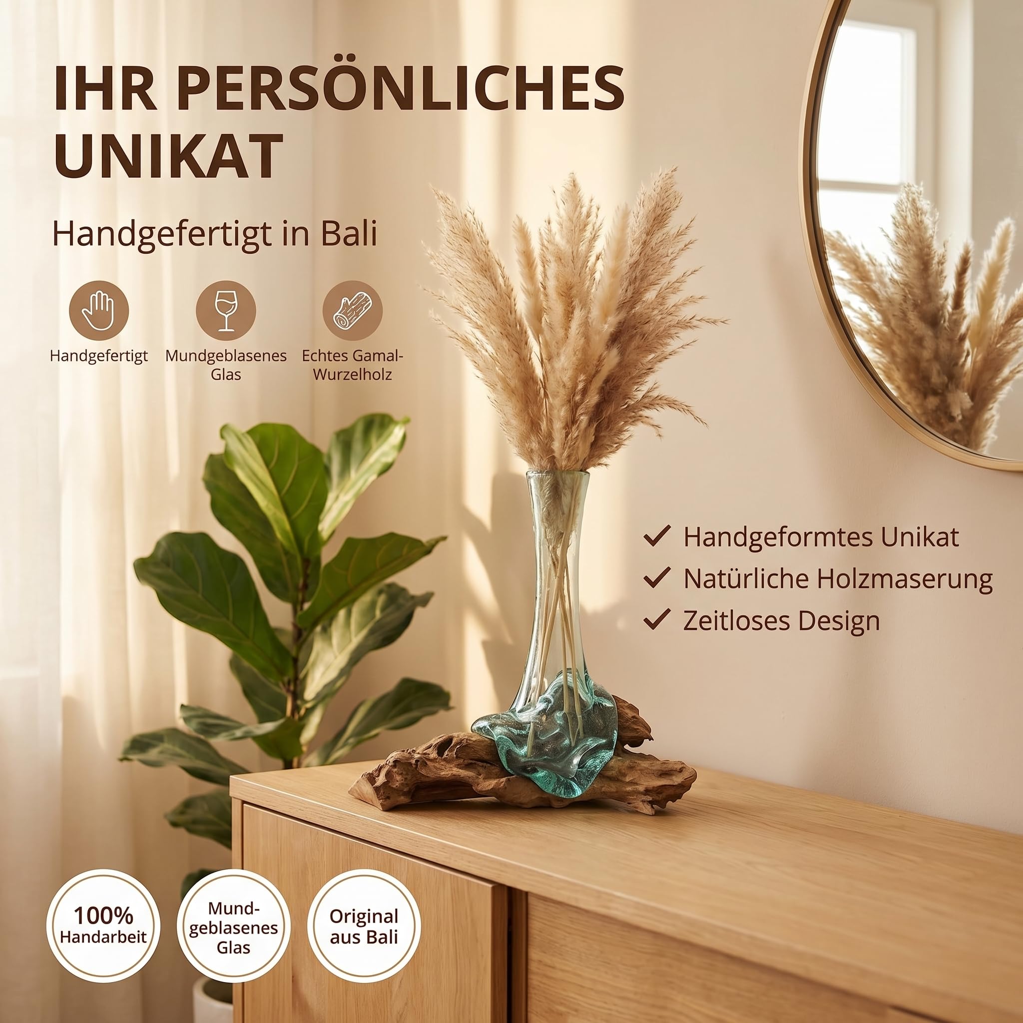 Vase auf Wurzelholz, B-Ware, Unikat Glasvase 25 cm mit abnehmbarem Glaseinsatz, handgefertigt aus Teakholz, Deko für Wohnzimmer & Büro, in Braun/Klar Vase M