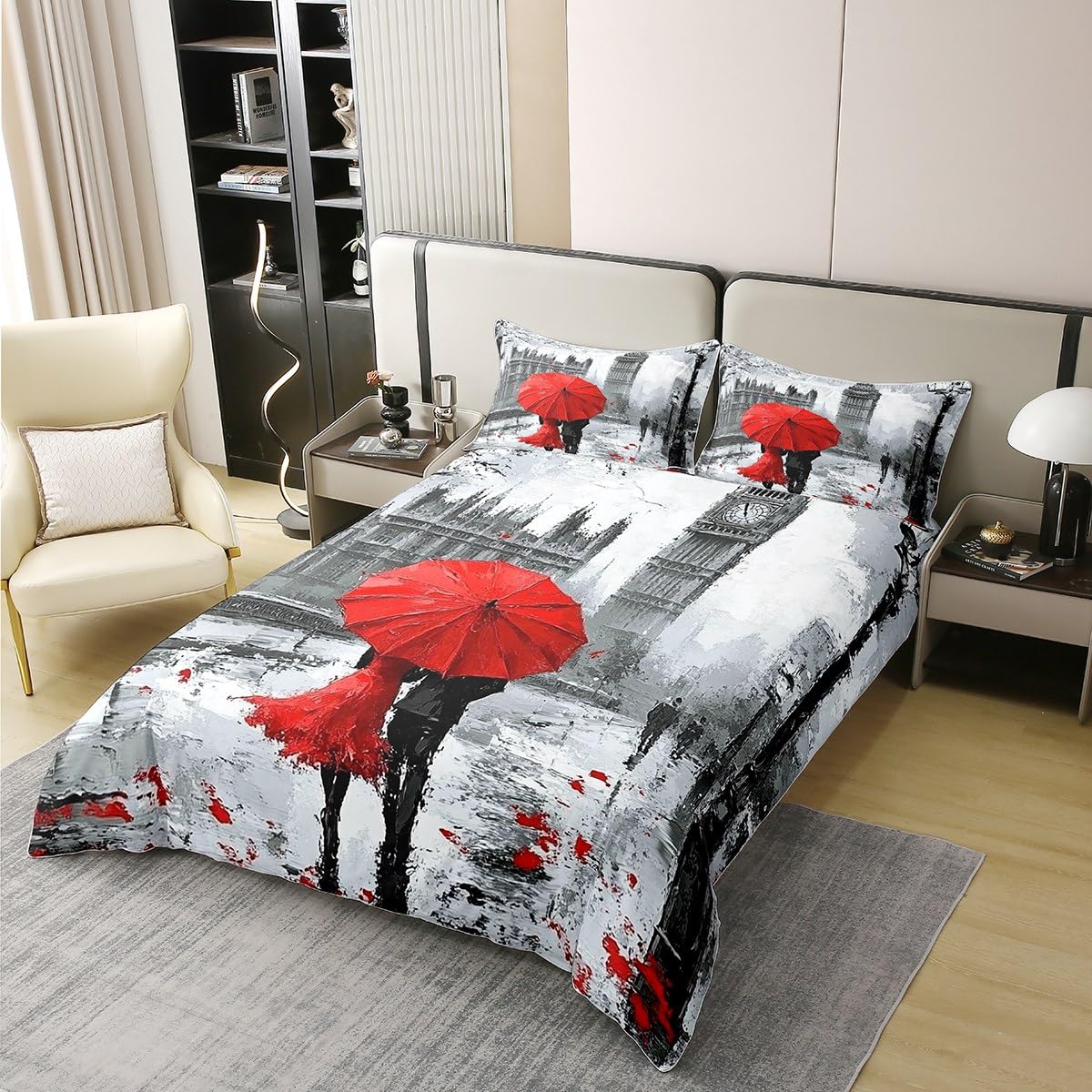 Loussiesd Rotes Paar Liebhaber 100% Baumwolle Bettwäsche Set 135x200cm Big Ben Bettbezug Dekor Mr Mrs Paris Moderne Stadtbild London Street Betten Europäische Stadt Bettwäsche-Set