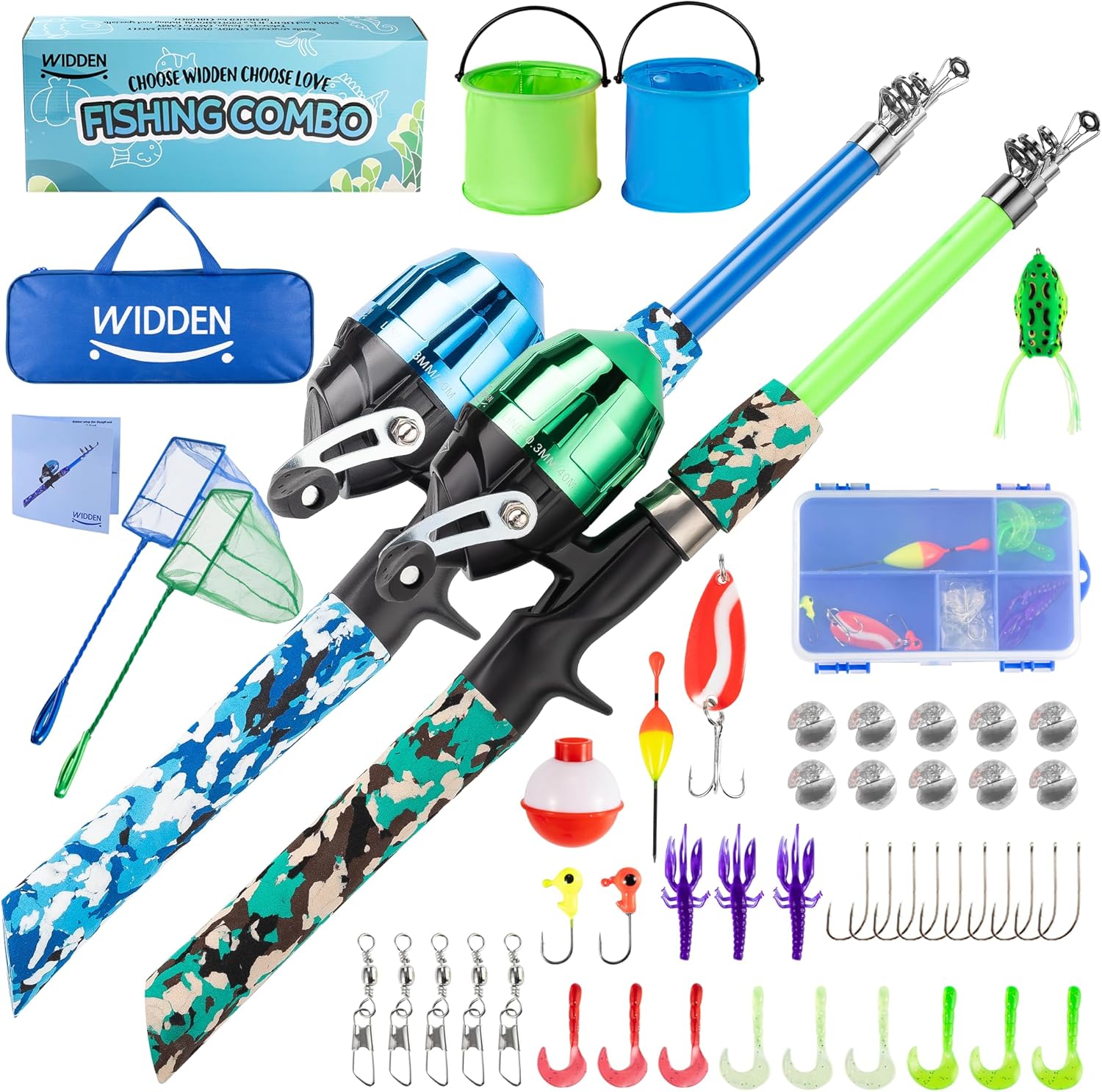 Kids Fishing Pole, Portable Telescopic Kids Fishing Poles for Boys and Girls, Fishing Rod and Reel Combo Kit with Tackle Box, and Fishing Net, Best Fishing Pole for Toddler Youth Blue+Green