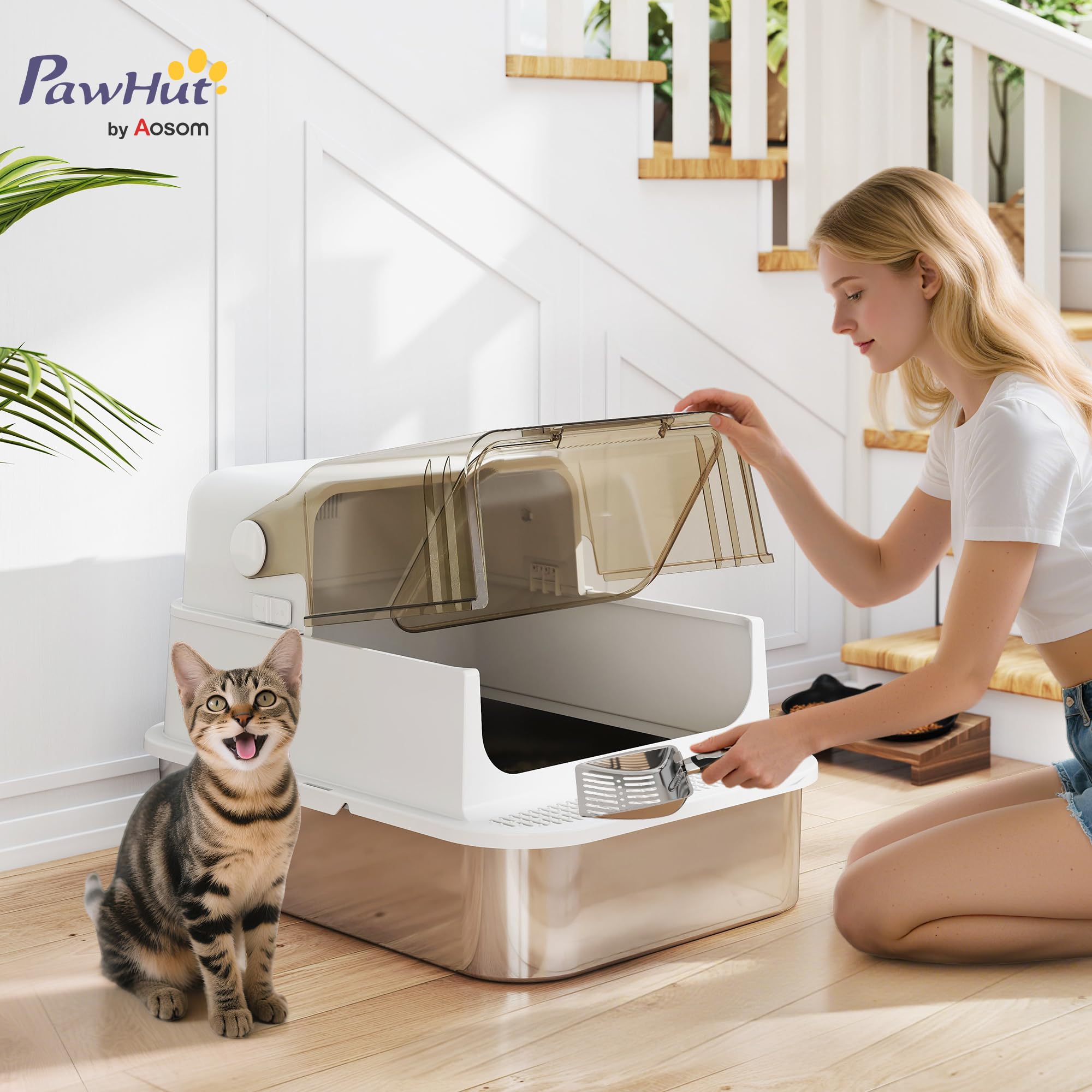 PawHut Bac à litière pour Chat fermé avec Pelle 70 x 50 x 46,5 cm Blanc | Maison de Toilette pour Chat, Acier Inoxydable, Couvercle Ouvrable, Anti-Fuite, Nettoyage Facile