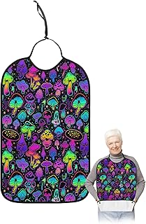 Colored Mushroom Adult Bib for Eating with Crumb Catcher,Washable & Waterproof Terry Cloth Adjustable Elderly Women Men Adult Bibs Funny Clothing Protector Boho Shinny Colorful Rainbow Stars Cartoon