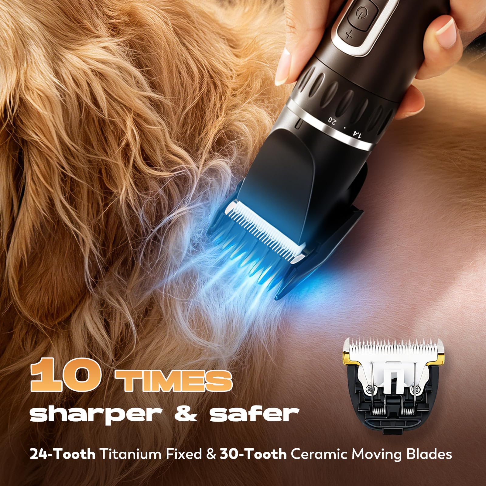 CGOLDENWALL Cortapelo Perros Inalambrico, 3 Velocidades, Perros Gatos | Cuchillas Titanio Ceramica, 210min Autonomia, 4 Peines, Carga USB, Plateado