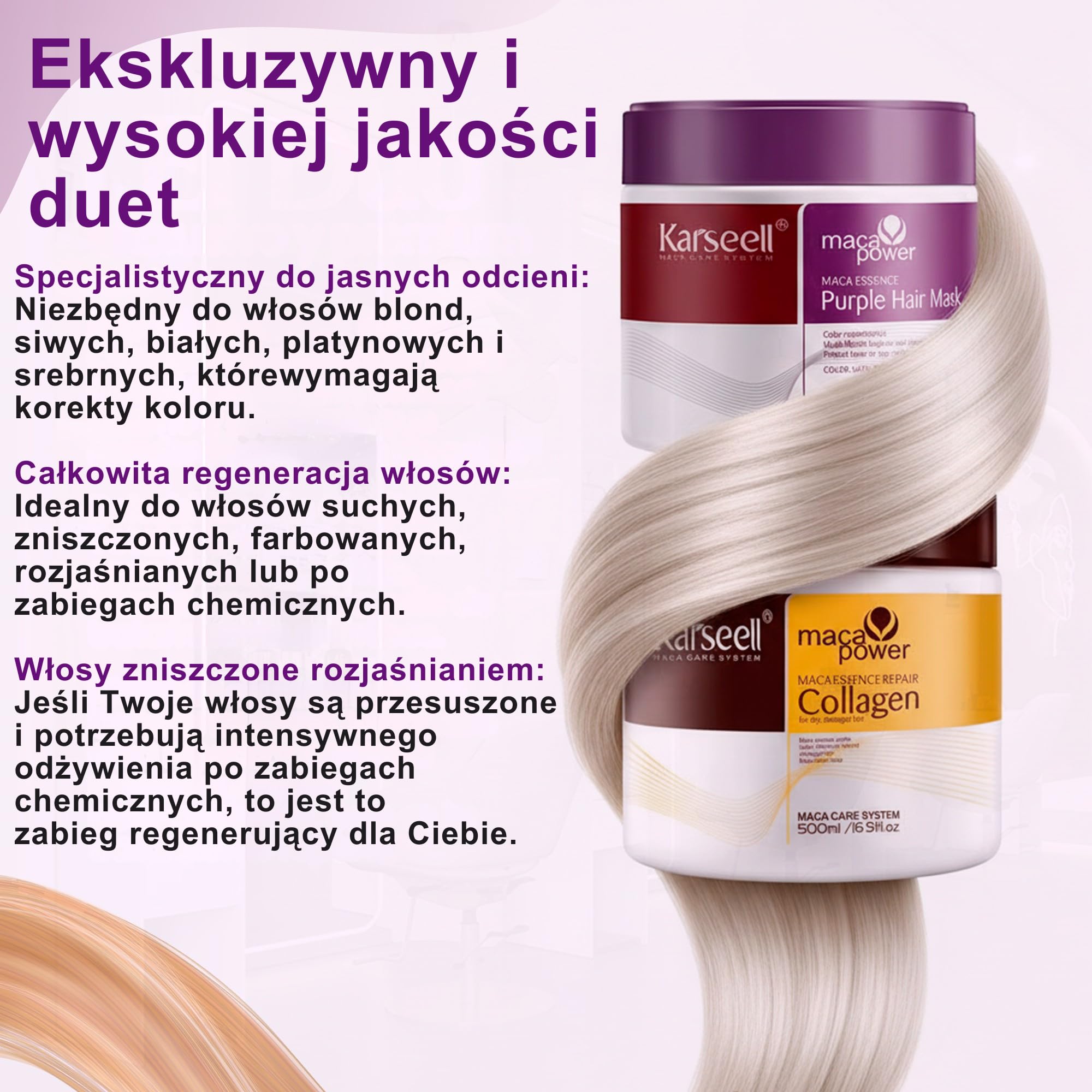 Karseell MACA CARE SYSTEM 1 Maska z Kolagenem + 1 Fioletowa Maska Tonująca Włosy Suche Zniszczone Farbowane Blond Siwe Rozjaśniane Regeneracja Nawilżenie Bez SLS 2 x 500ml