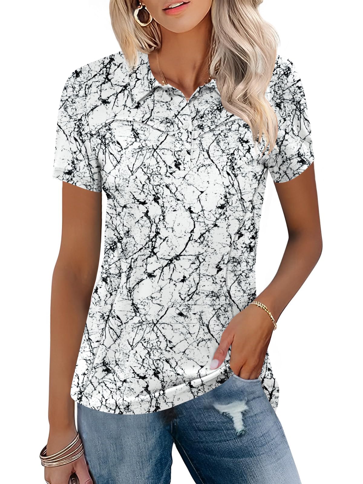 IECCP Polo de golf para mujer, manga corta, cuello de algodón, ligera, absorbe la humedad, camiseta de verano, trabajo, informal, tenis, 3 botones, 2025