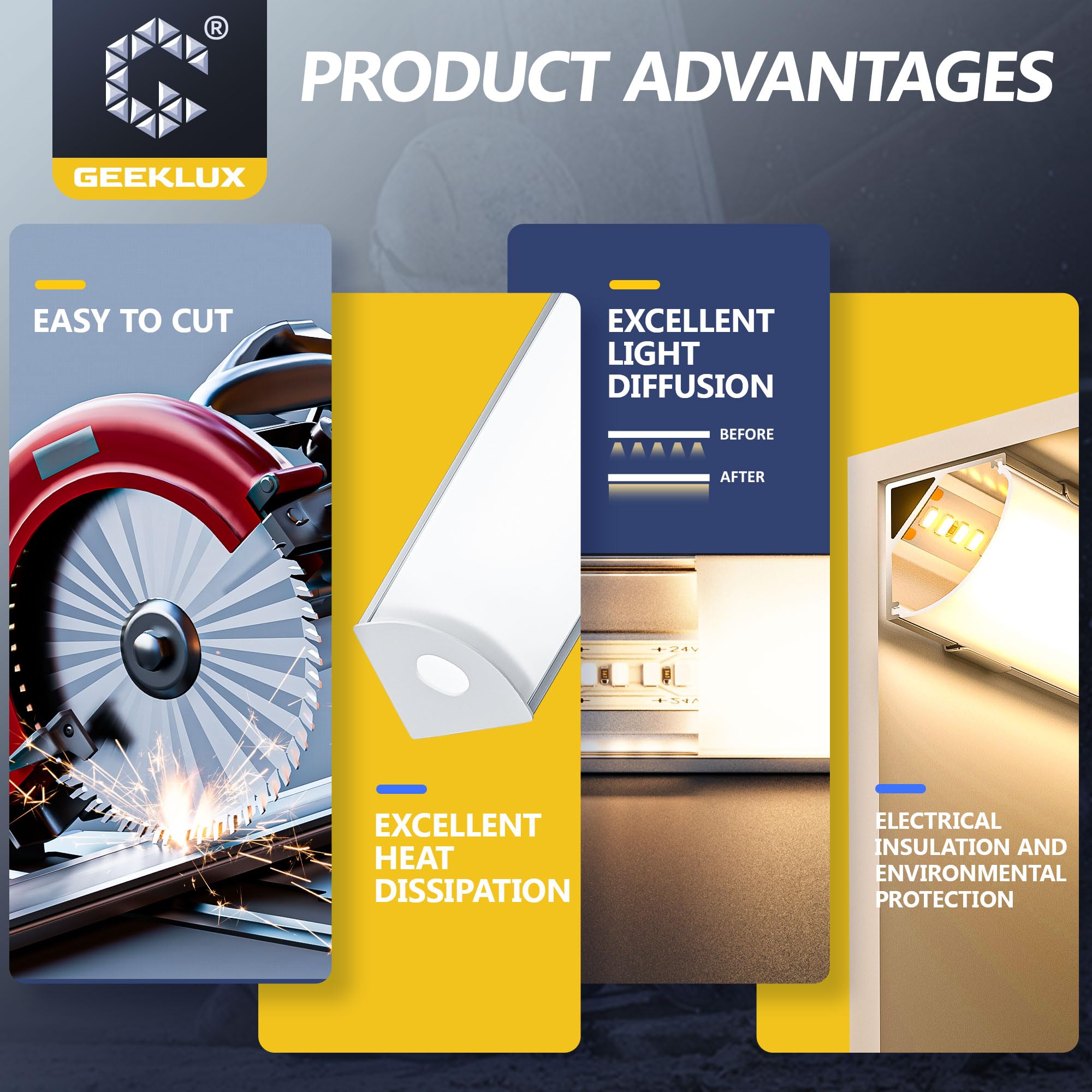 GEEKLUX 6 x Profilo Angolare Led da 1 mt Pofili in Alluminio a V per strisce LED fino a 10 mm, binario LED a 90 gradi, Dimensioni 15,8 x 15,8 mm Con diffusore LED, ideale per Soffitti, Scale e Angoli