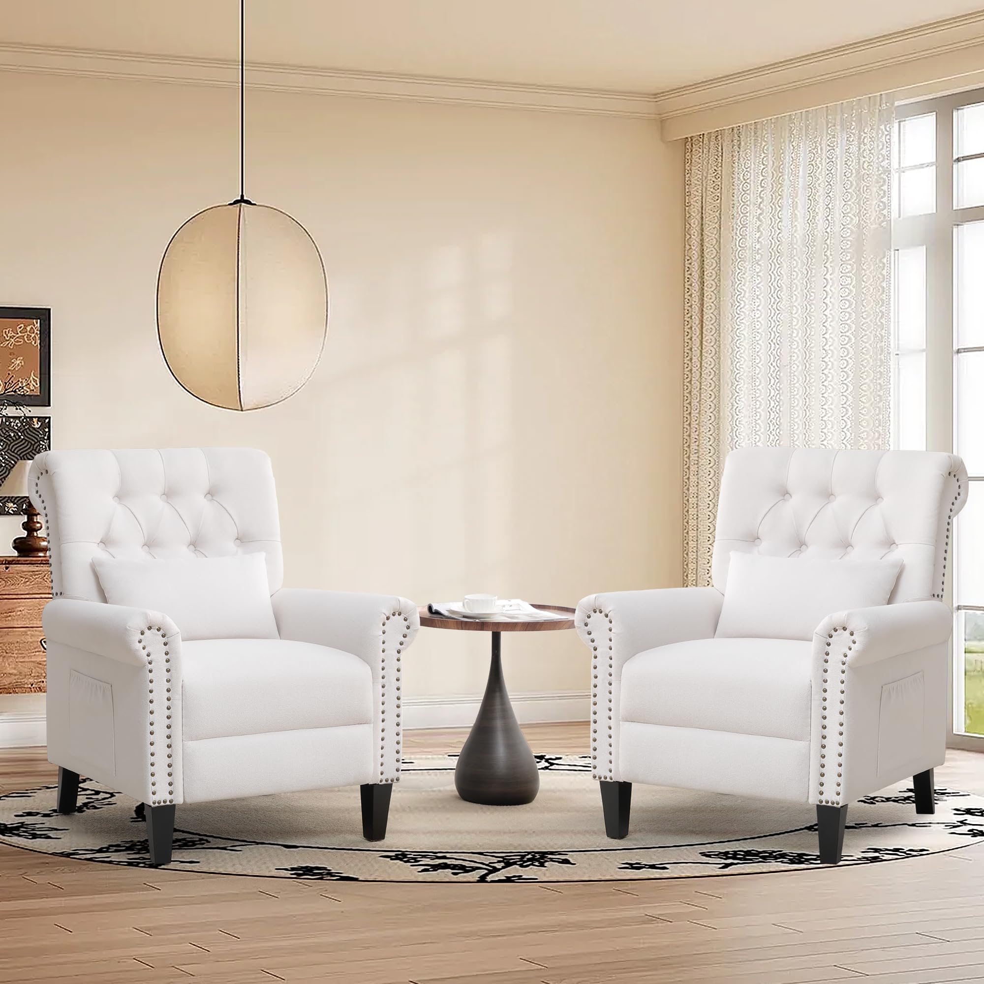 choairy Pushback Recliner Chair, Accent Push Back Chairs Set of 2 with Adjustable Footrest Wingback, Upholstered Linen Reclining Sofa with Side Pocket