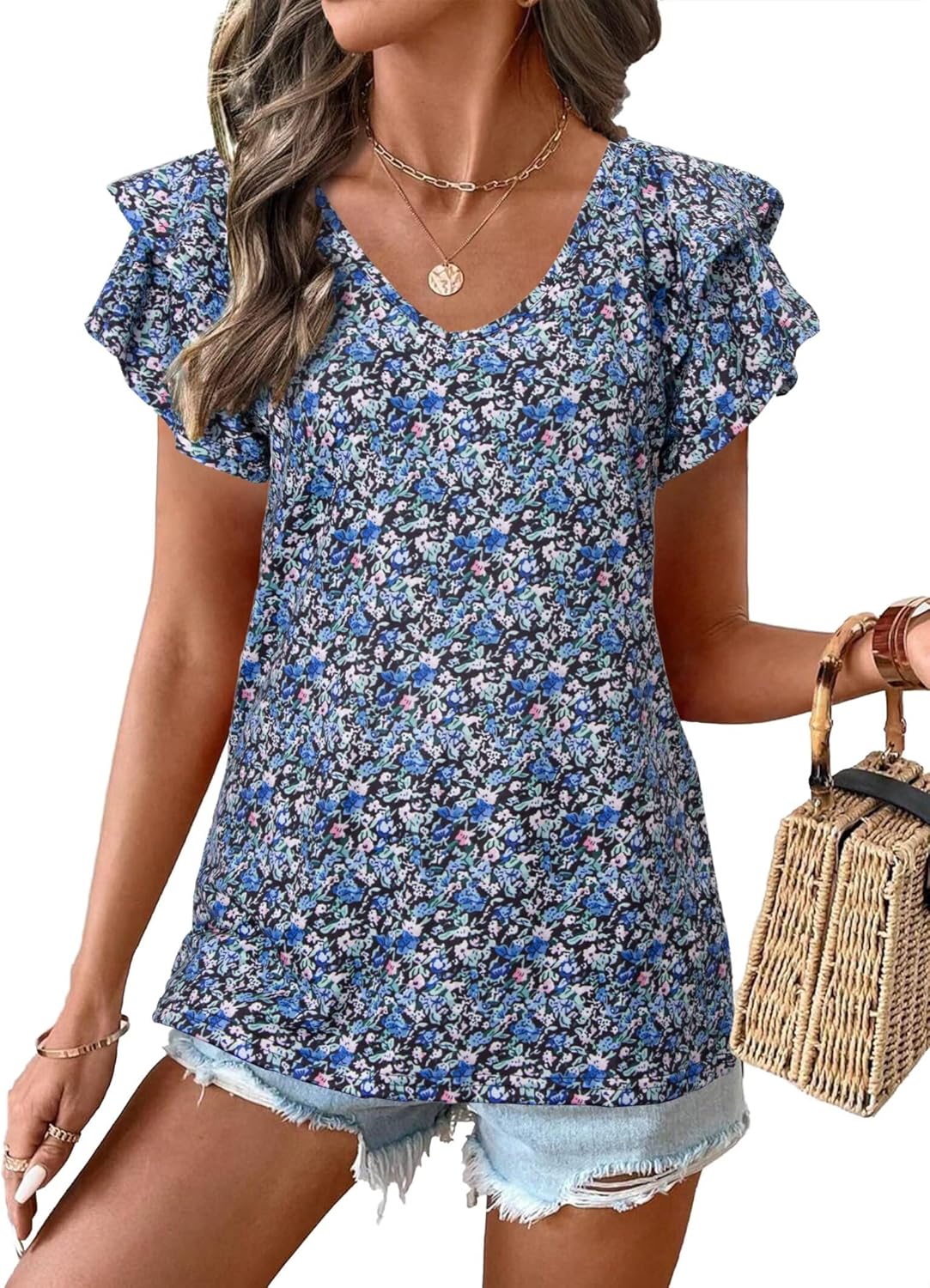 VahRuta Womens Summer Boho Clothes Flowy Tops Floral Shirts V Neck Loose Fit Casual Short Sleeve - Image 2