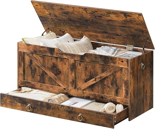 Miniatura 7 de HOOBRO Cofre de almacenamiento, baúl de juguetes de 43.3 pulgadas con cajón, banco de almacenamiento de madera, banco de entrada resistente que