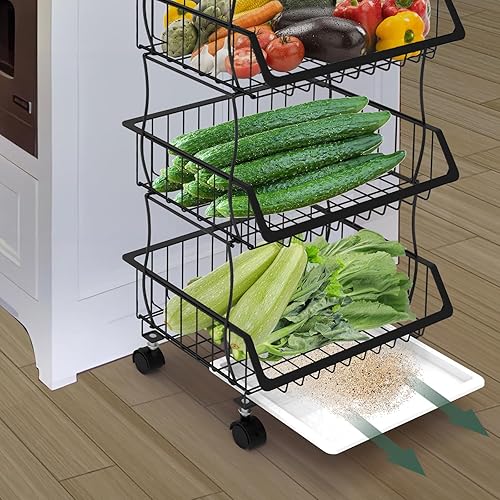 Miniatura 6 de Carrito de cocina con ruedas y parte superior de madera, organizador de cesta de alambre de 4 niveles para frutas, verduras, despensa, apilable,