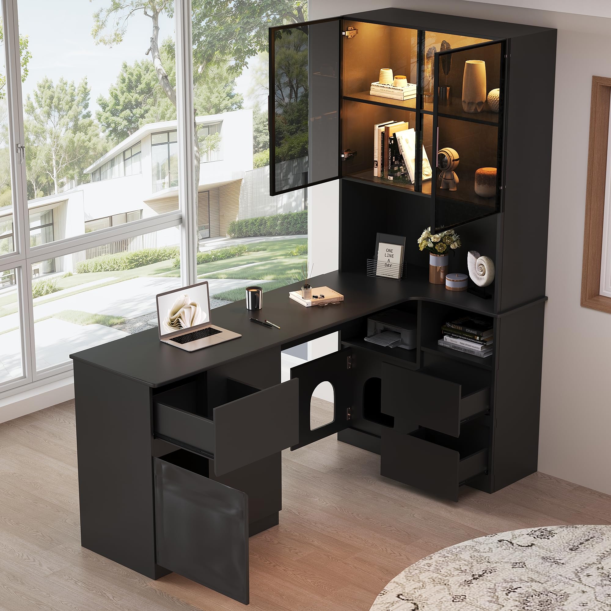 BTM Eckschreibtisch mit Regal und LED-Vitrinenschrank Schreibtisch Schrank mit Schubladen, Bücherregal und Haustierfach Schwarz