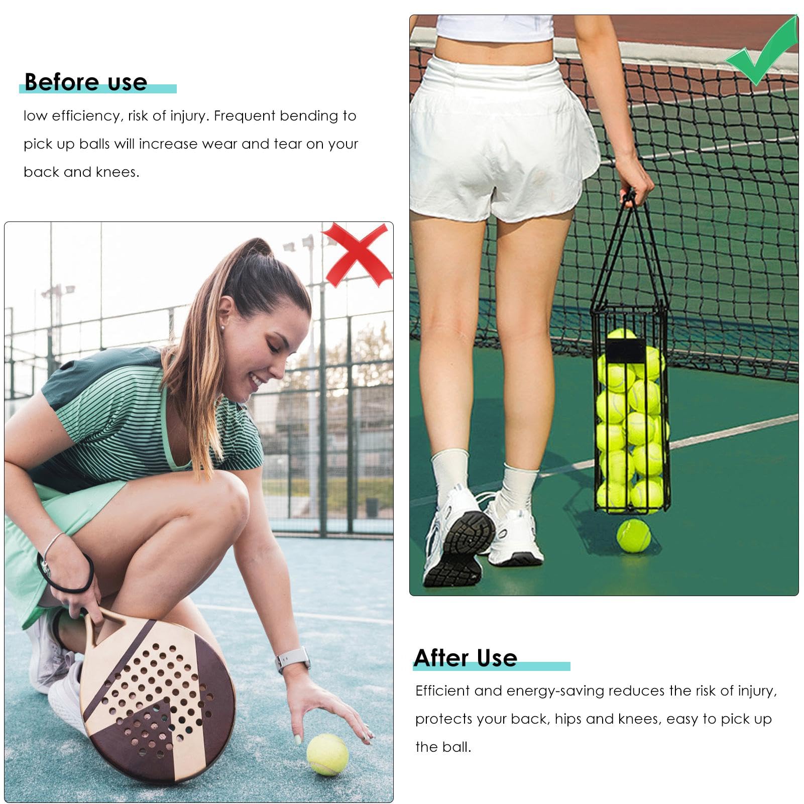 Cesta recogedora de pelotas de tenis de acero inoxidable con mango