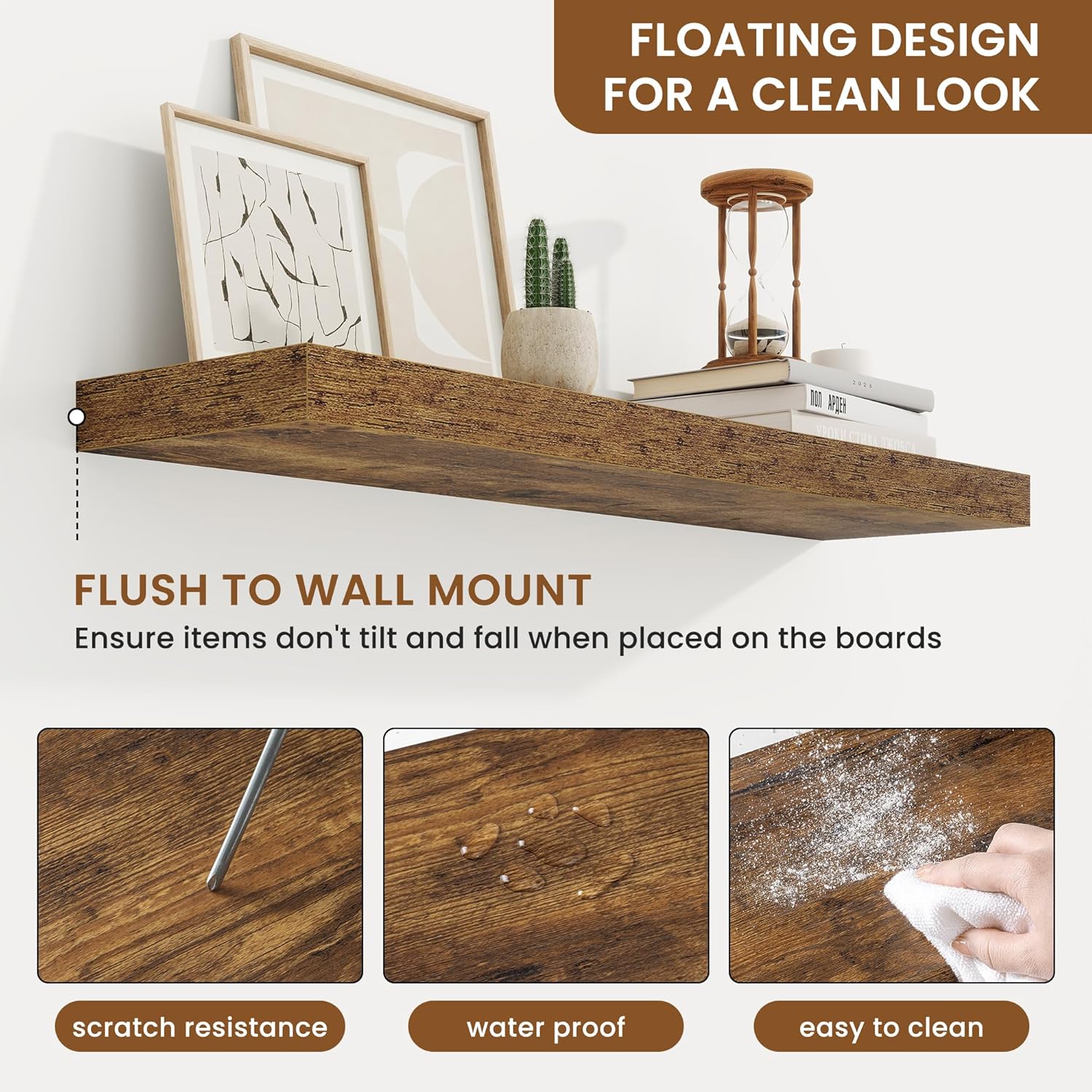 fuqing Floating Shelves for Wall, Wall Mounted Wood Floating Shelf with Invisible Brackets for Living Room, Bathroom, Bedroom, Kitchen Storage and Decor, 30 Inch Set of 2, Rustic Brown