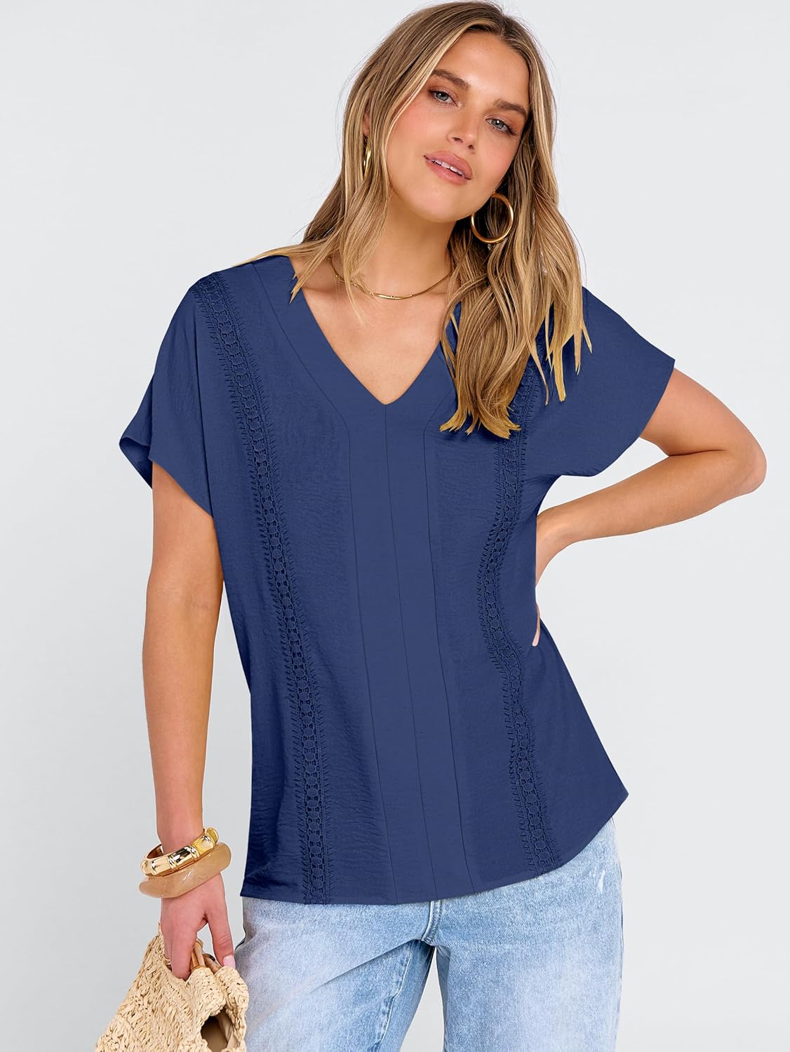 ANRABESS Women Dressy Tops Short Sleeve Casual Blouses V Neck Lace Trim Summer Boho Shirts 2026 Spring Trendy Clothes - Image 7