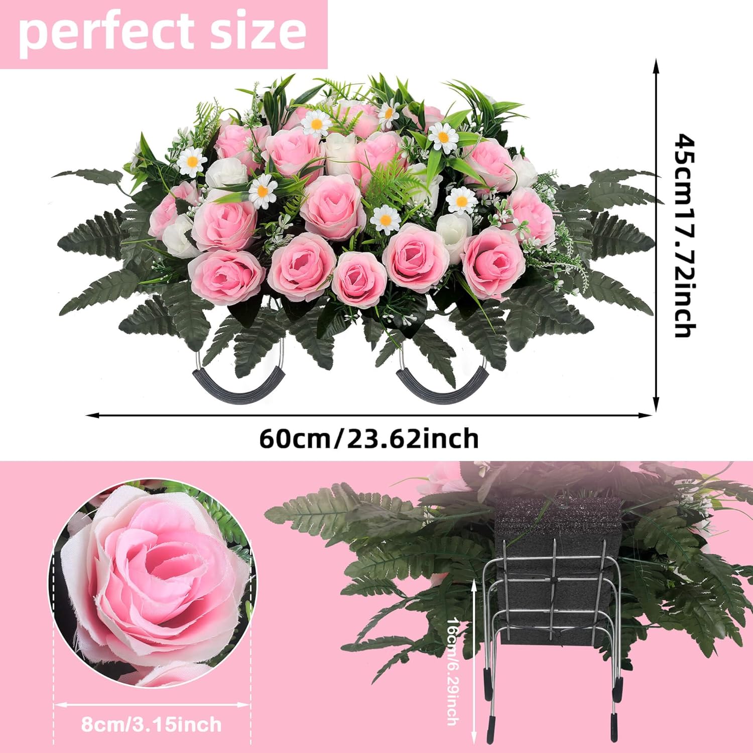 Artificial Cemetery Flowers Set Headstone Flower Saddle Memorial Grave Roses for Outdoor Grave Decor UV Resistant