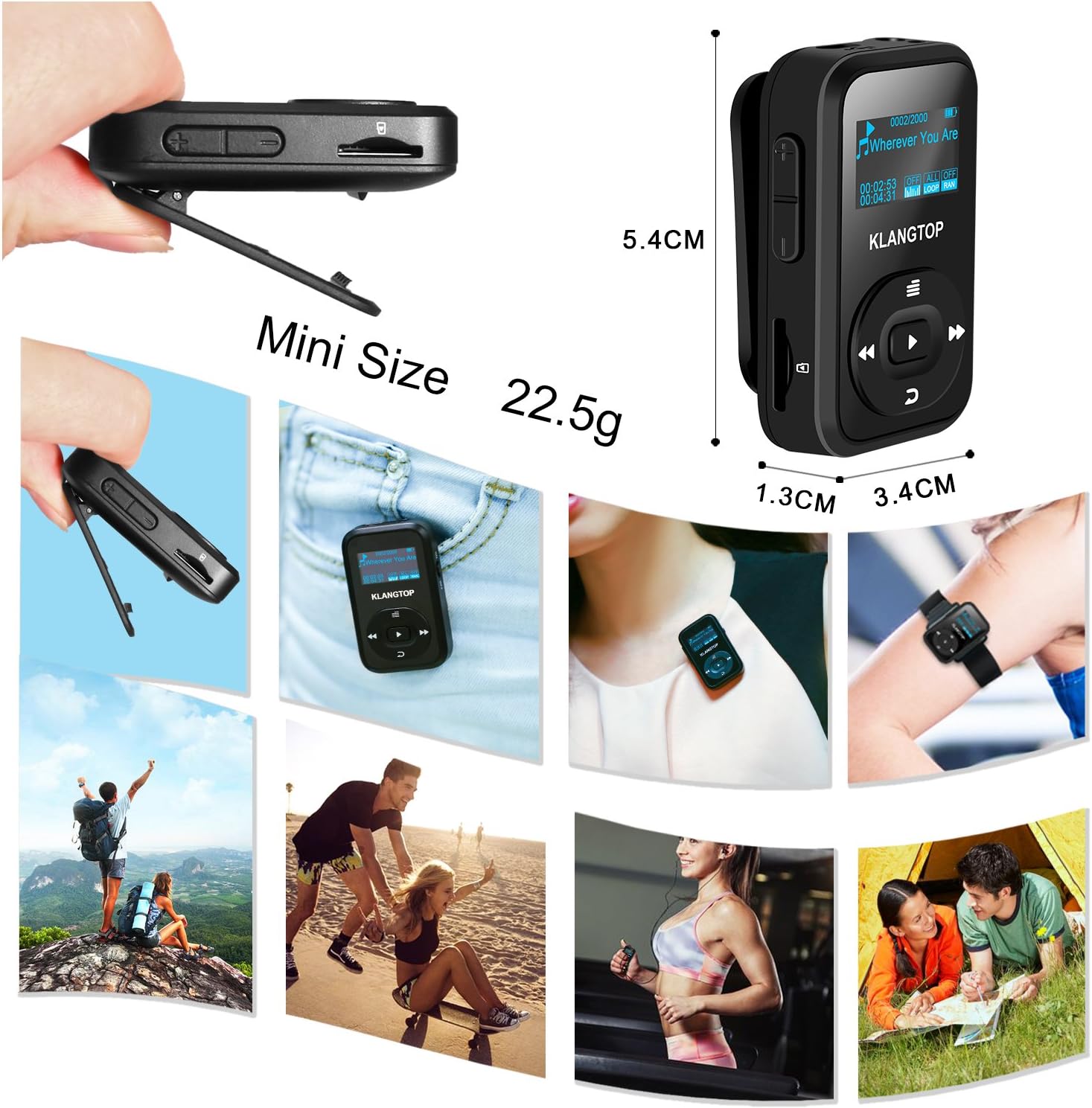 Bluetooth MP3 Player 8GB KLANGTOP Digital Clip Music Player with FM Radio Voice Record Function Special Design for Sport and Music Lovers