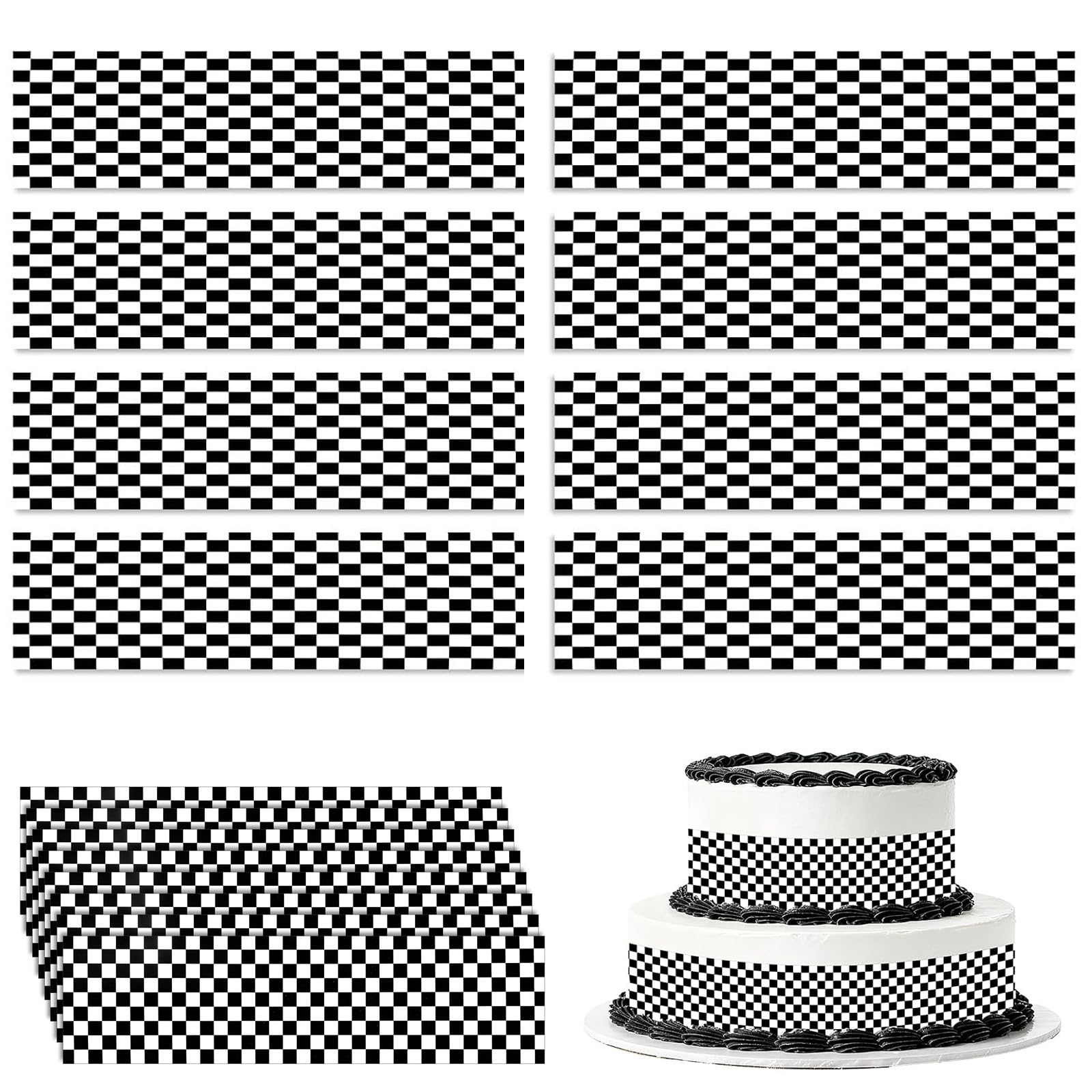 8 Pcs Black and White Checkered Cake Border Strips, Racing Car Theme Cake Decorations, Pre-Cut Cake Wrap Borders for Birthday Party, Car Theme Cake Topper Set