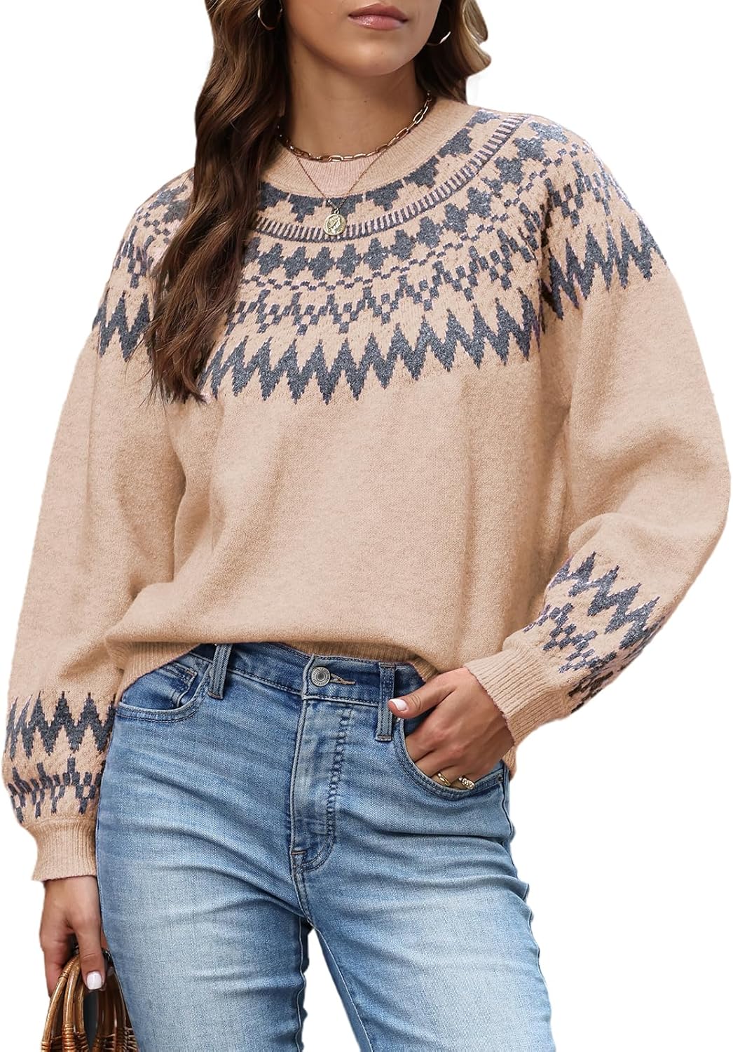 Womens Cashmere Fair Isle Sweaters Vintage Sweater Colorful Wool Crew Neck Long Sleeve Pullover Jumper Tops