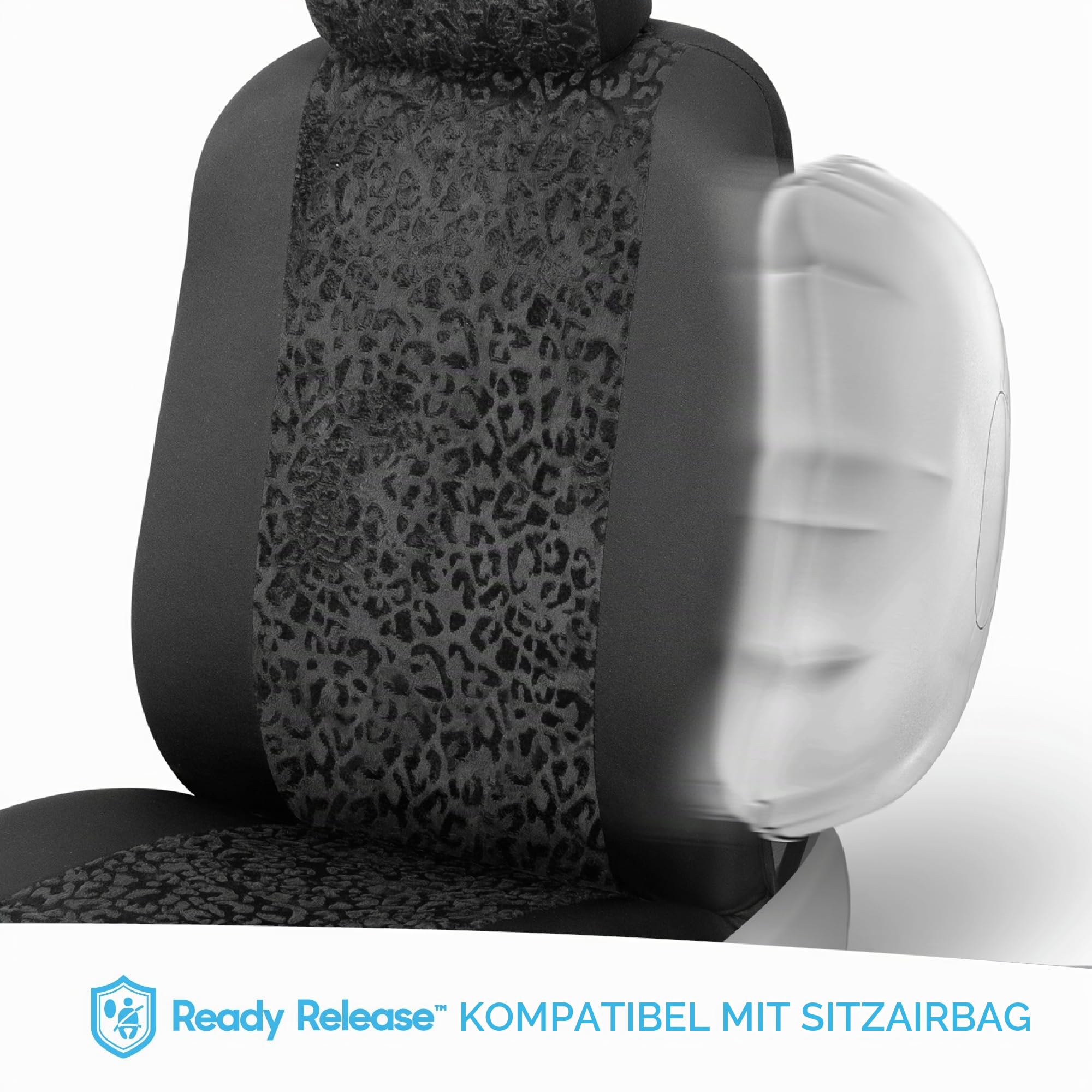 BDK Schwarze Autositzbezüge, nur Vordersitze - Tiermuster Vordersitzbezug Set mit passender Kopfstütze, seitloses Design für einfache Installation, universell passend für Auto, LKW, Van und SUV