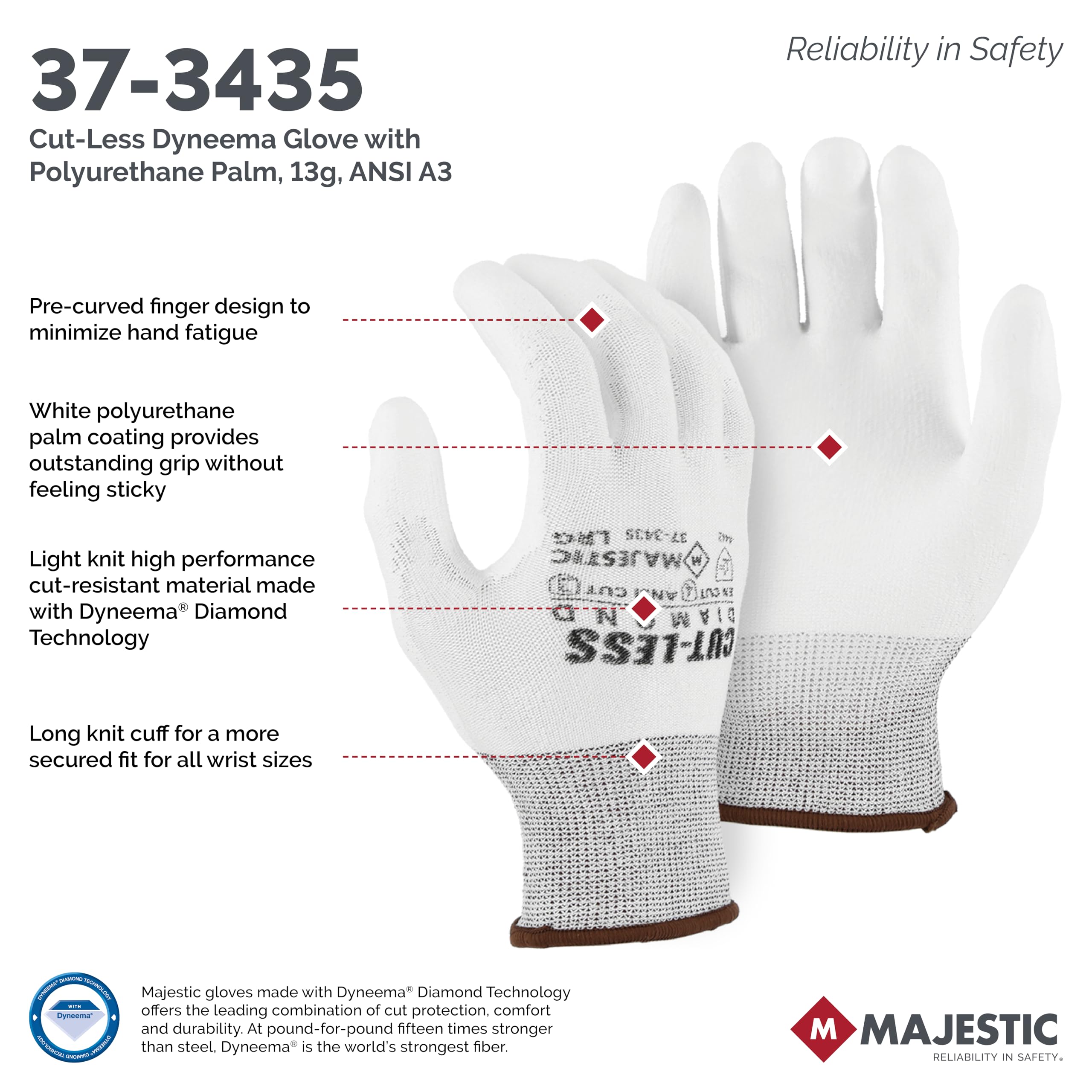 Majestic 37-3435 - Guantes con revestimiento de poliéster y diamante blanco resistente a los cortes (12 pares), modelo anteriormente Majestic 3435