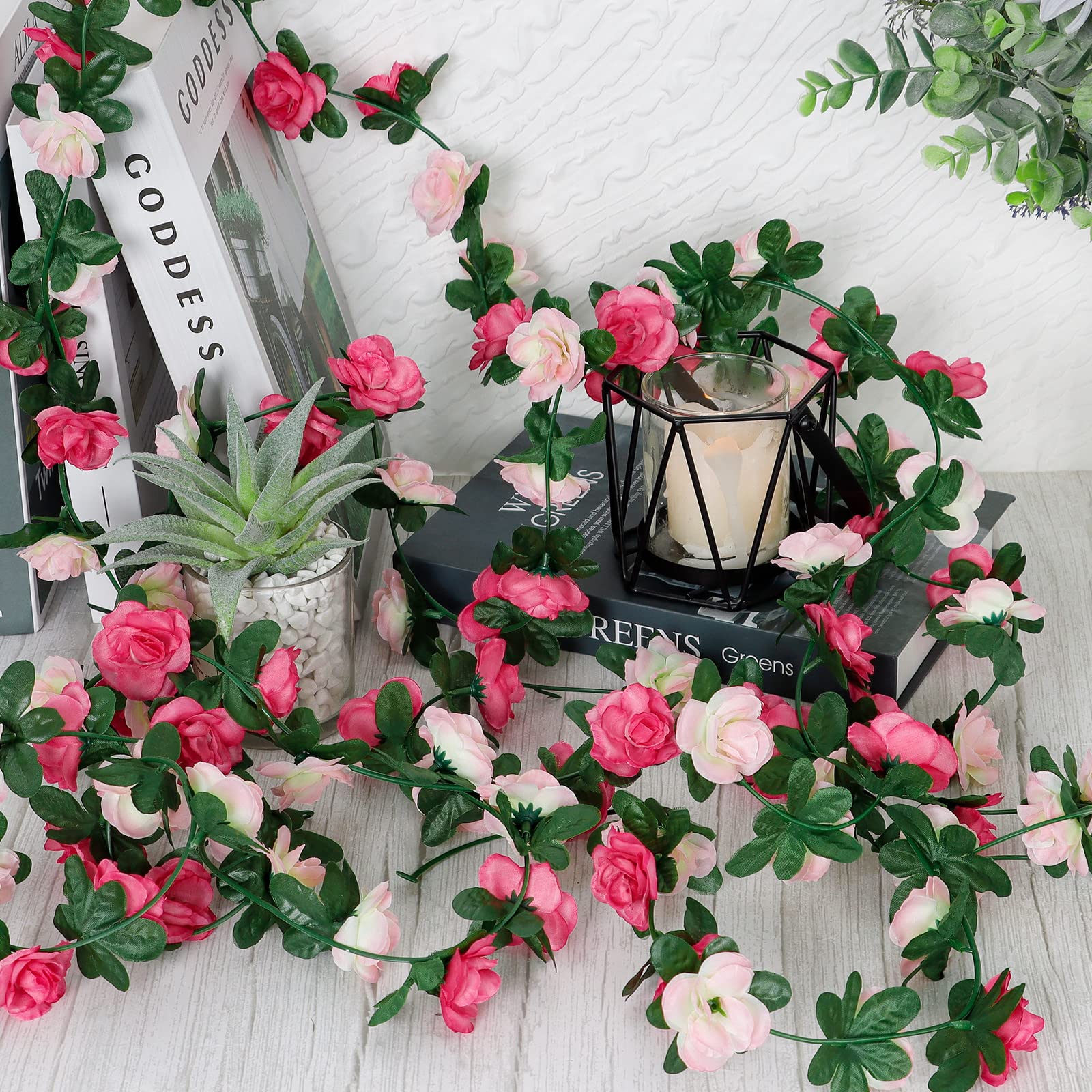Weldomcor 5 Pezzi da 2,45 m Artificiale Ghirlanda di Fiori Rose Rosa Viti Fiori di Seta Appesa Rattan Ghirlanda All'aperto Decorazione Per Arco di nozze Camera da Letto Casa Giardino Decorazione