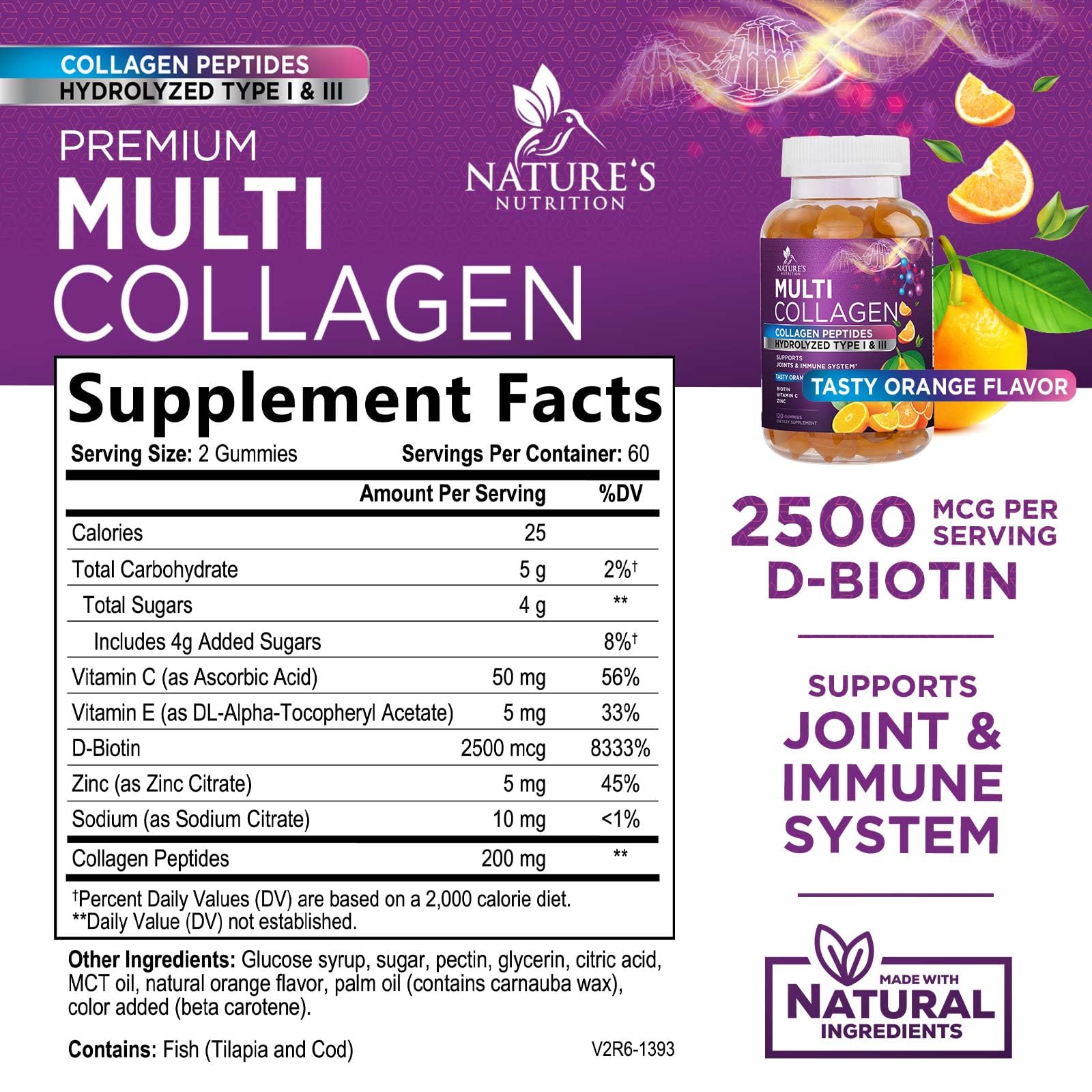 Collagen Gummies - Natural Hair Growth & Immune Support, Skin & Nails Supplement - With 2500mcg Biotin, Multi Collagen Hydrolyzed Peptides Type 1 & 3, Vitamin C & Zinc, Orange Flavor - 120 Gummies — Amazon image 2