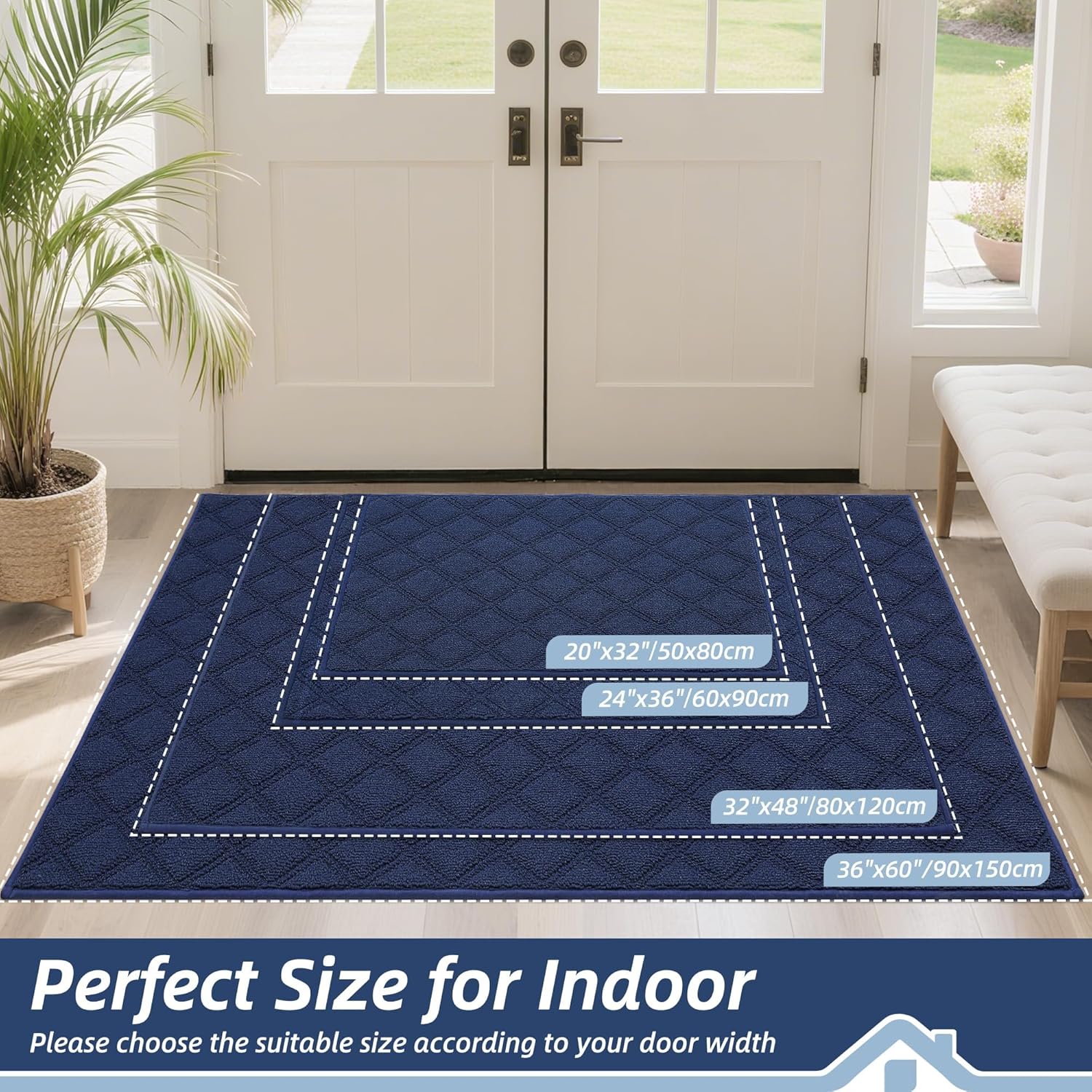 BEQHAUSE Dirt Trapper Door Mat 32" x 48", Non-Slip Washable Doormats Welcome Mat, Dirt Resistant and Absorbent Entrance Mat, Low Profile Floor Mats for Front Back Door, Entryway, Blue