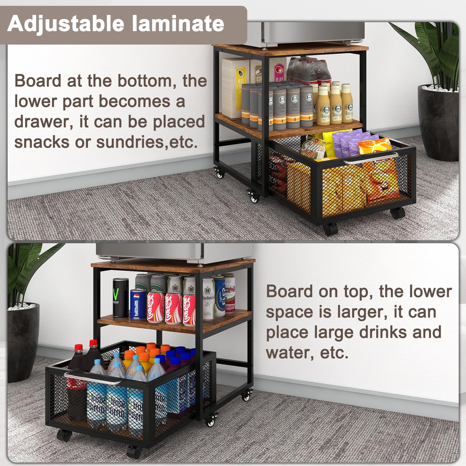 Mini soporte para refrigerador de 19.7 x 19.7 pulgadas con almacenamiento y ruedas, mini refrigerador resistente con mesa de estante ajustable, soporte para refrigerador para cafetería 4